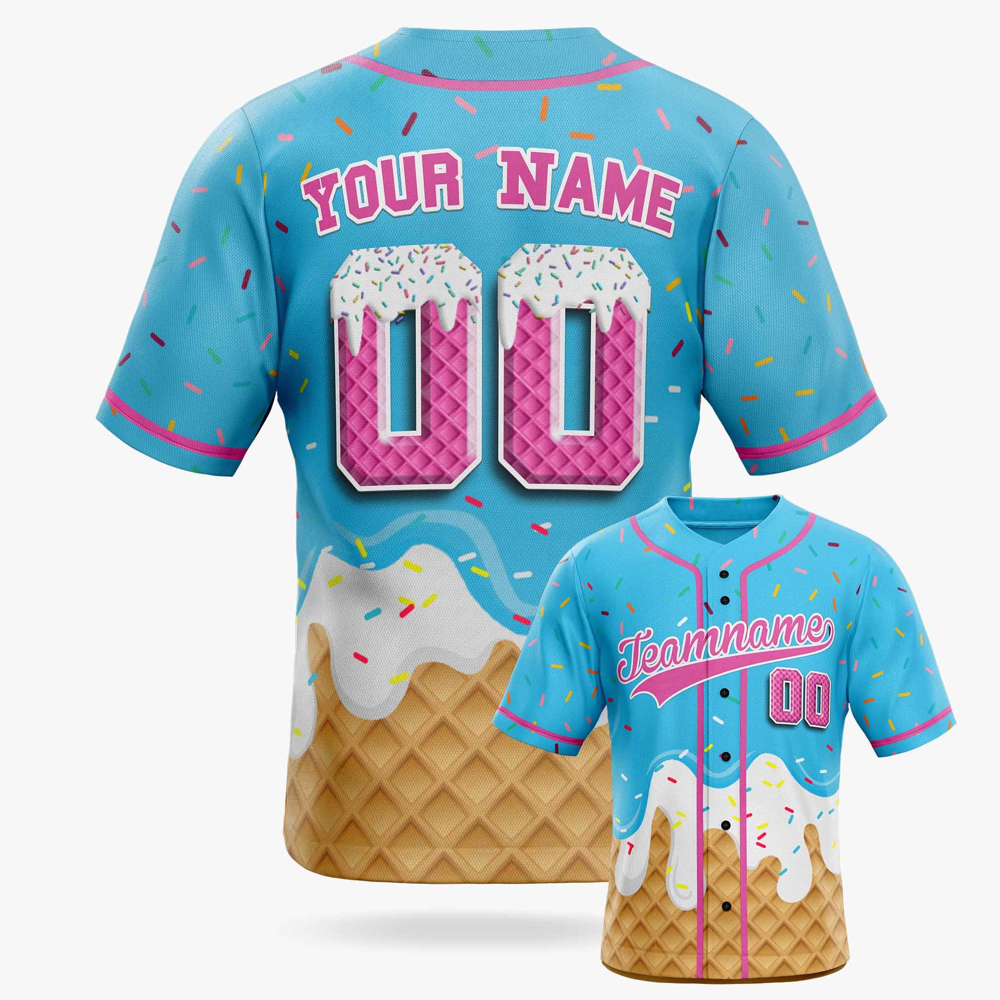 Custom Ice Cream Baseball Jersey Blue and Pink with Piping - Design Your Own