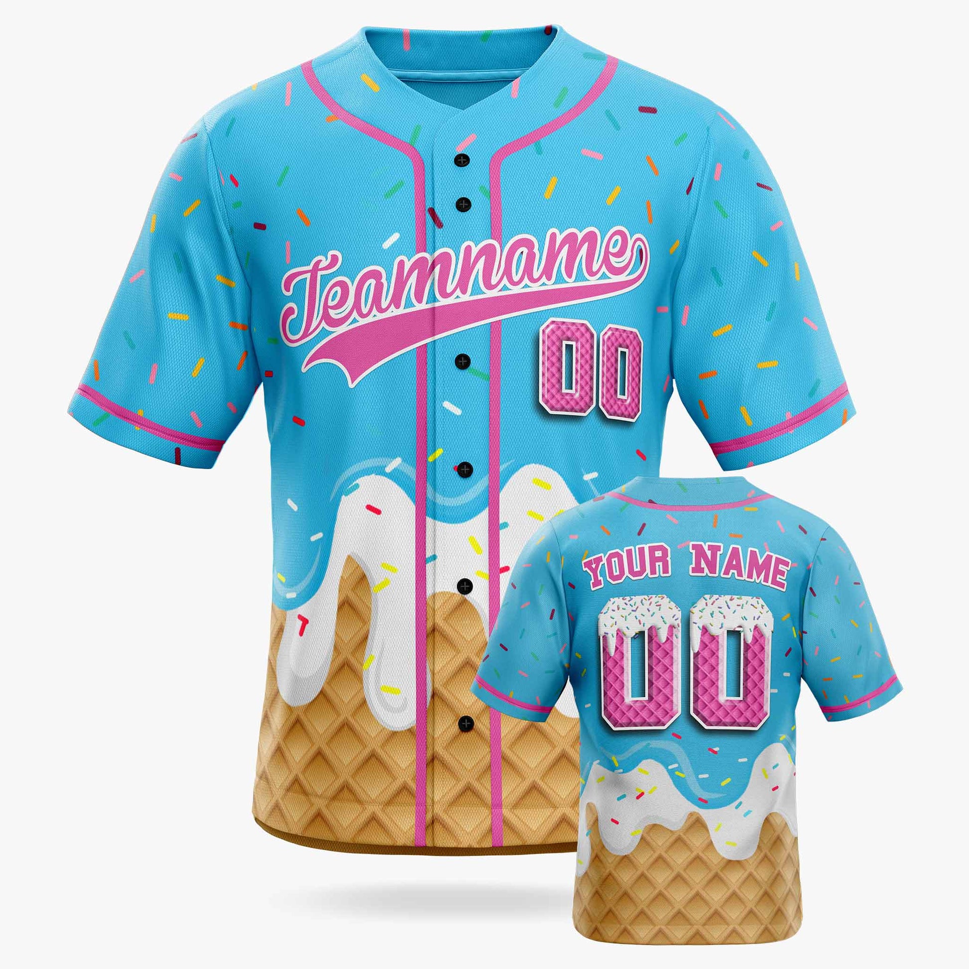 Custom Ice Cream Baseball Jersey Blue and Pink with Piping - Design Your Own