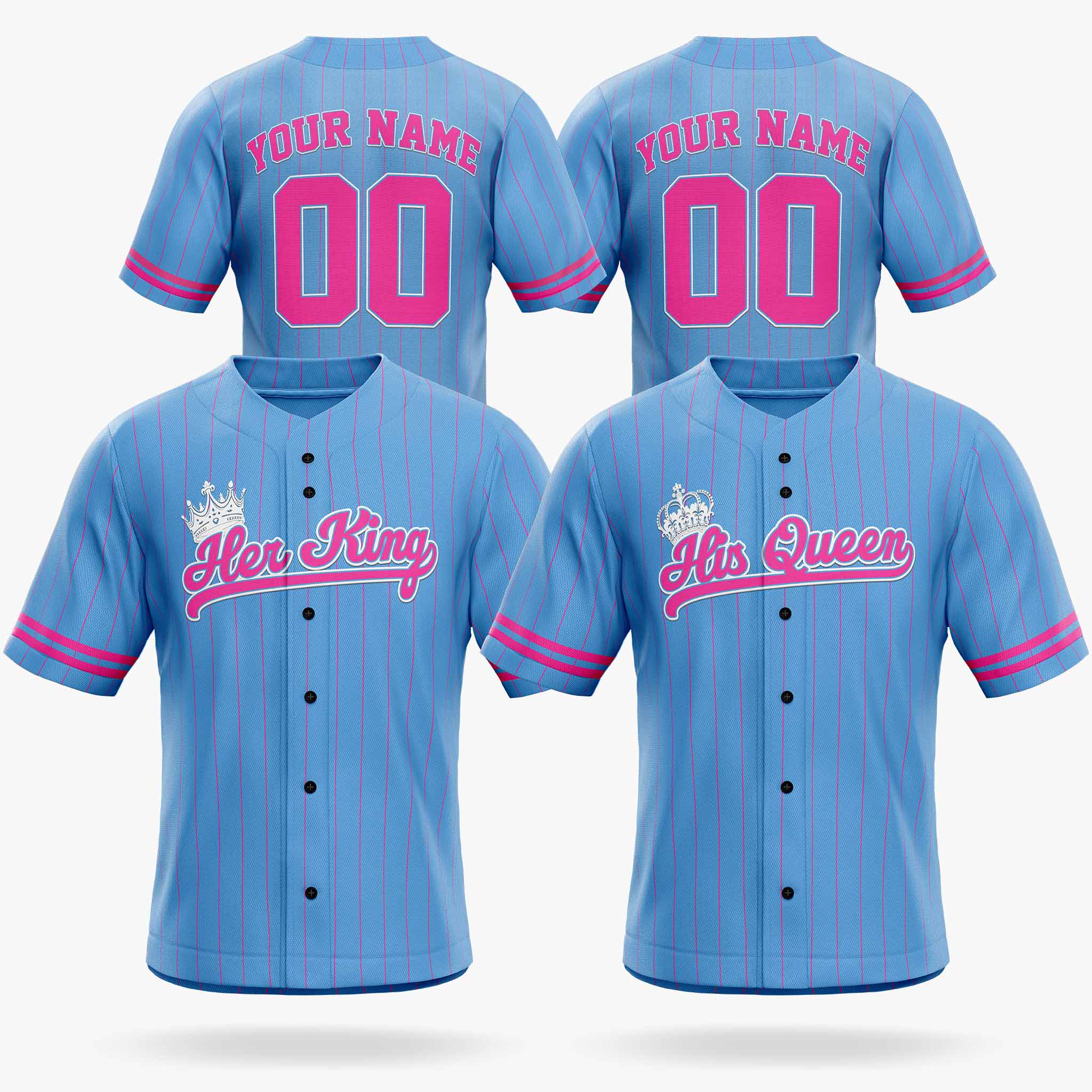 Custom Matching Couple Jerseys Blue and Pink - Her King and His Queen - Design Your Own