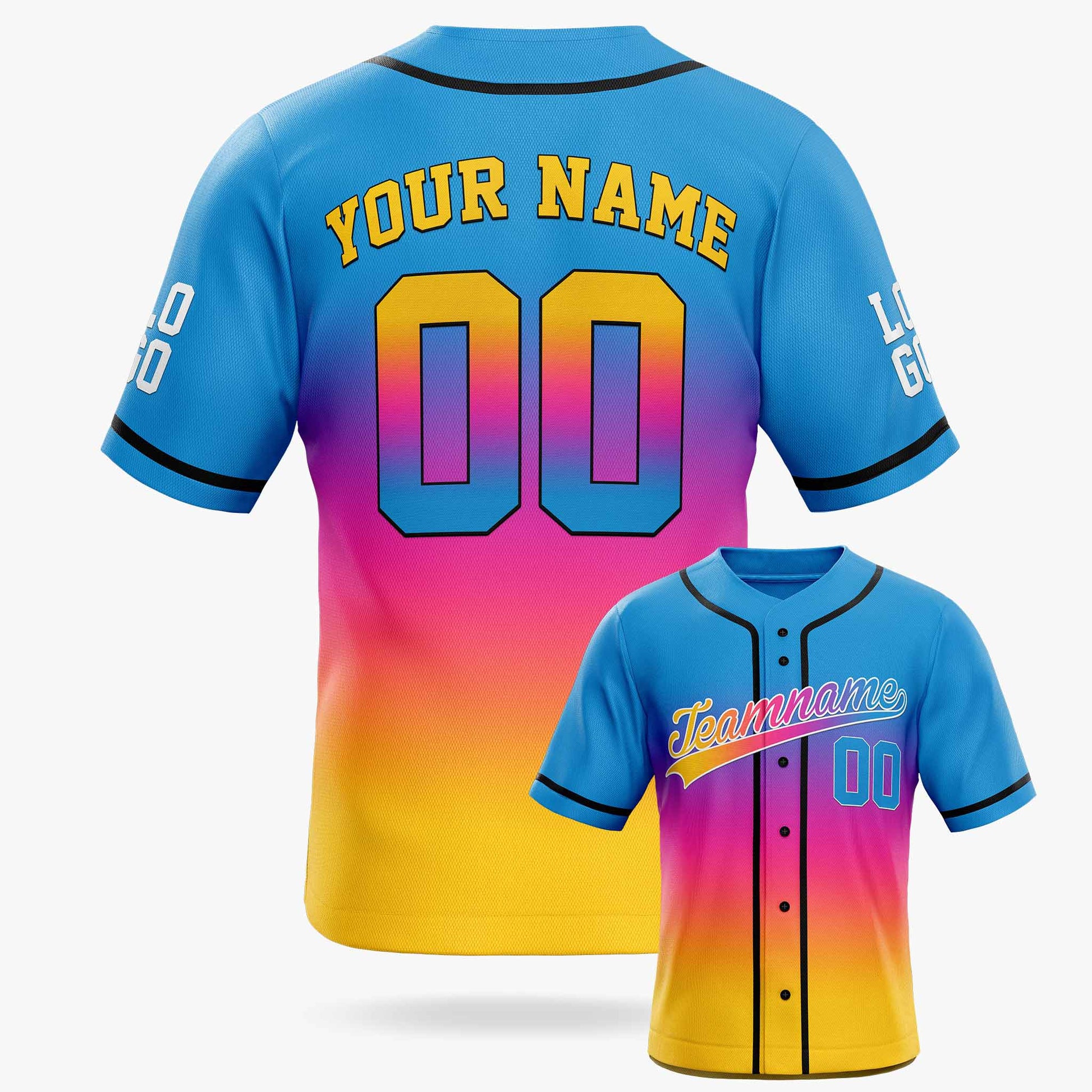 Custom Gradient Baseball Jersey Blue Pink and Yellow With Piping - Design Your Own