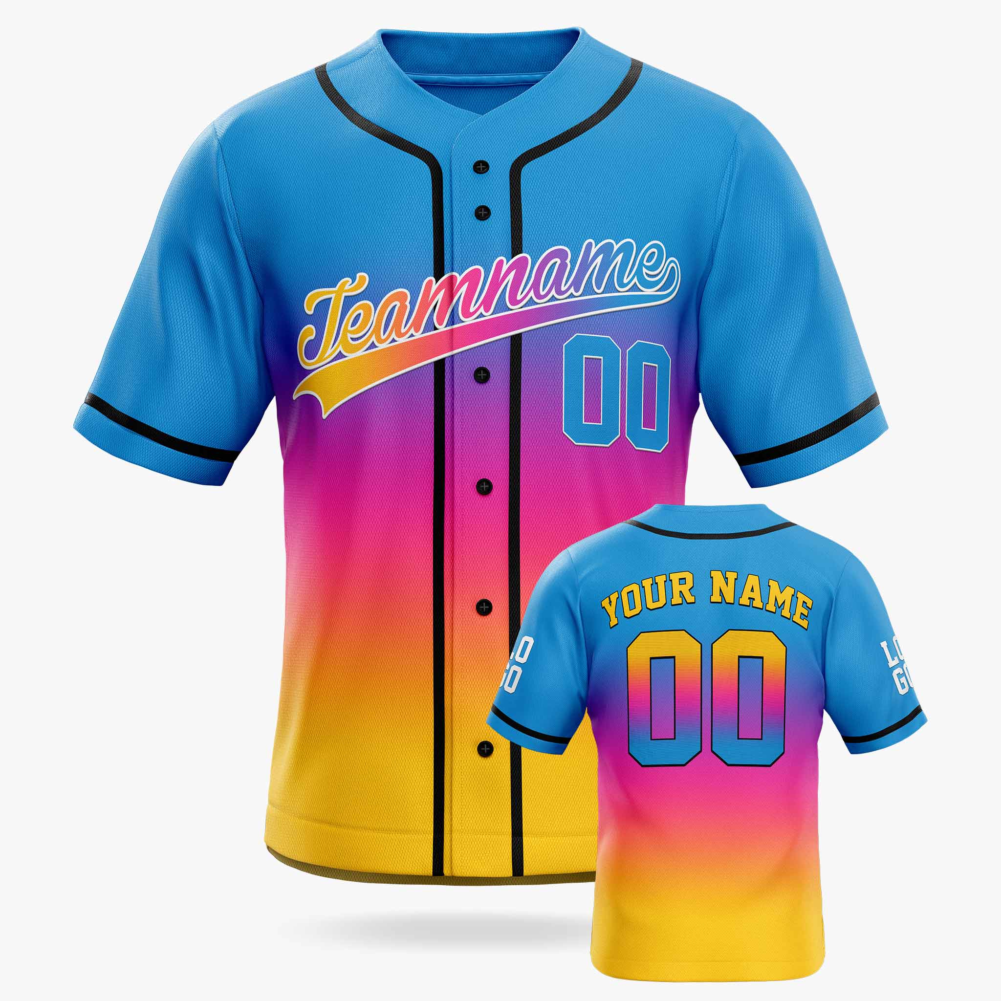 Custom Gradient Baseball Jersey Blue Pink and Yellow With Piping - Design Your Own