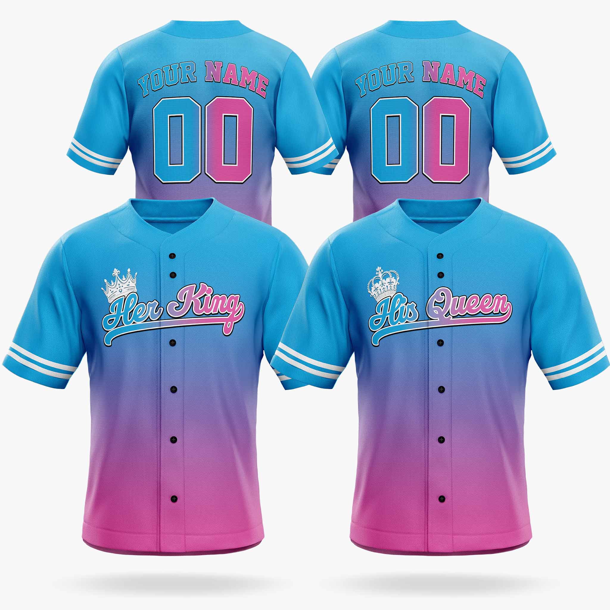 Custom Matching Couple Jerseys Gradient Blue and Pink - Her King and His Queen - Design Your Own