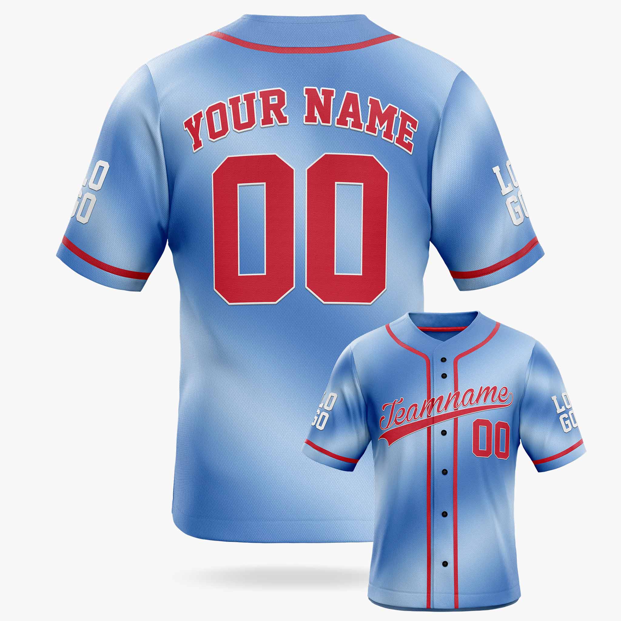 Custom Gradient Baseball Jersey Blue White and Red With Piping - Design Your Own