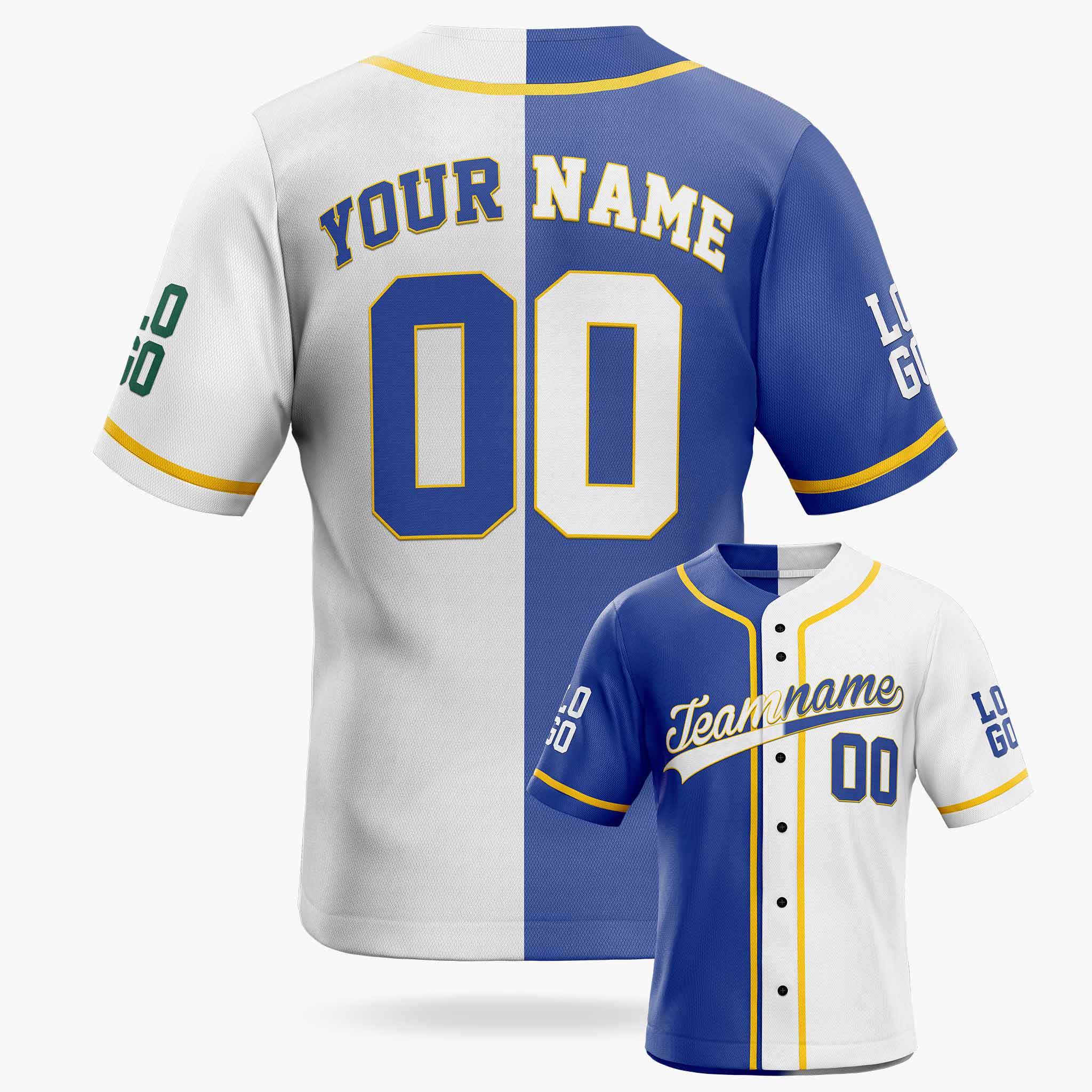 Custom Split Baseball Jersey Cobalt and White With Yellow Piping - Design Your Own