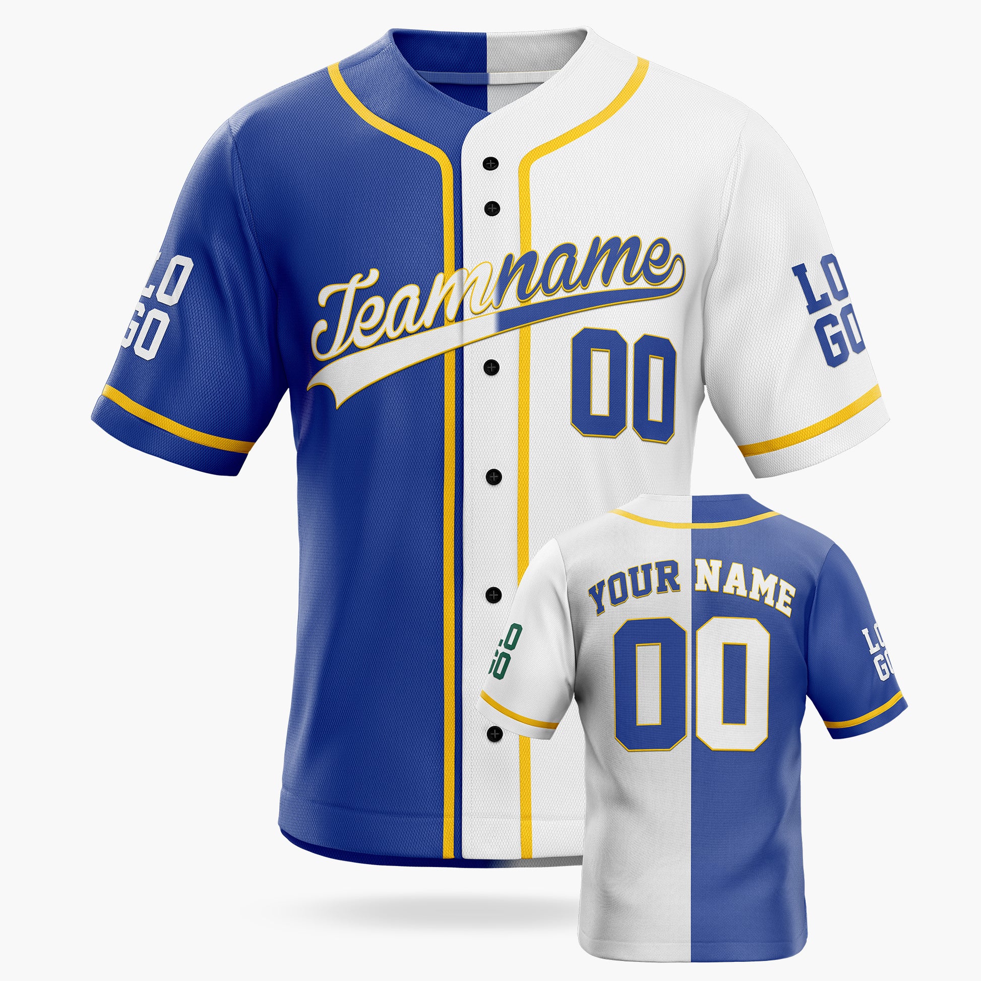 Custom Split Baseball Jersey Cobalt and White With Yellow Piping - Design Your Own
