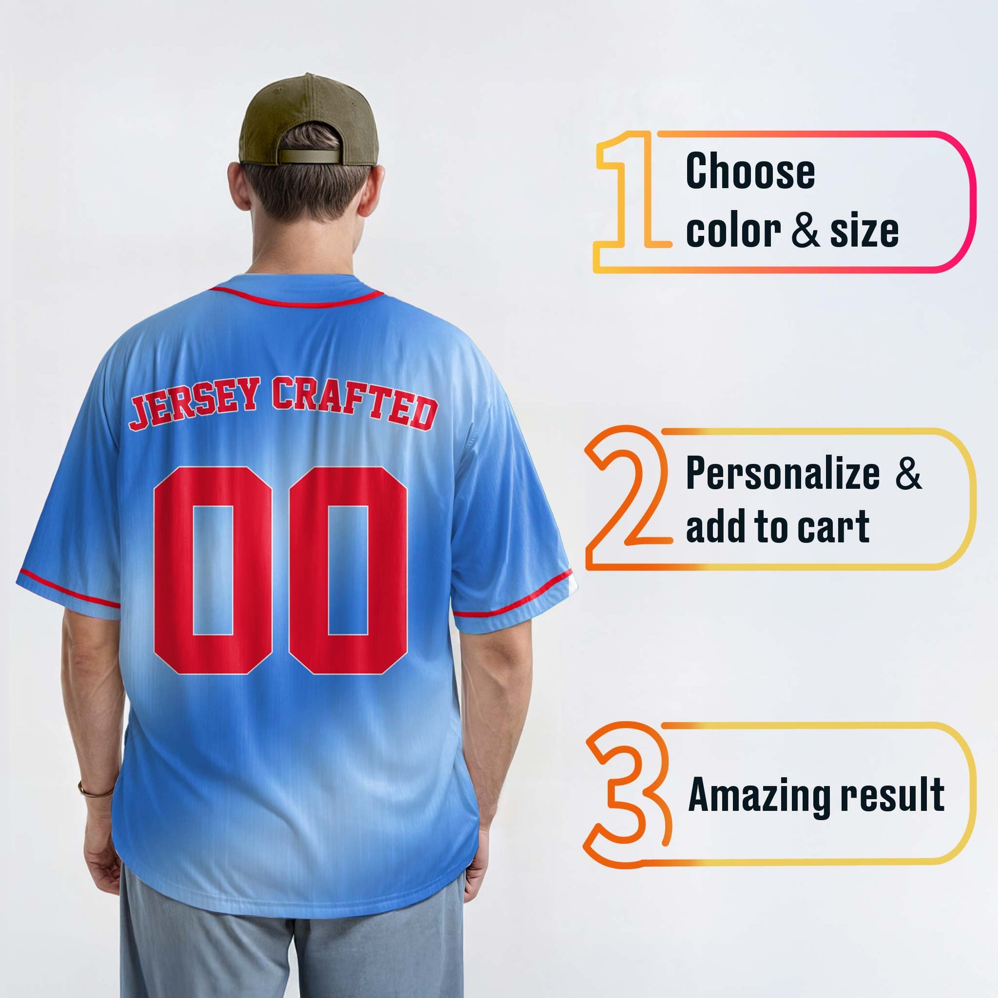 Custom Gradient Baseball Jersey Blue White and Red With Piping - Design Your Own