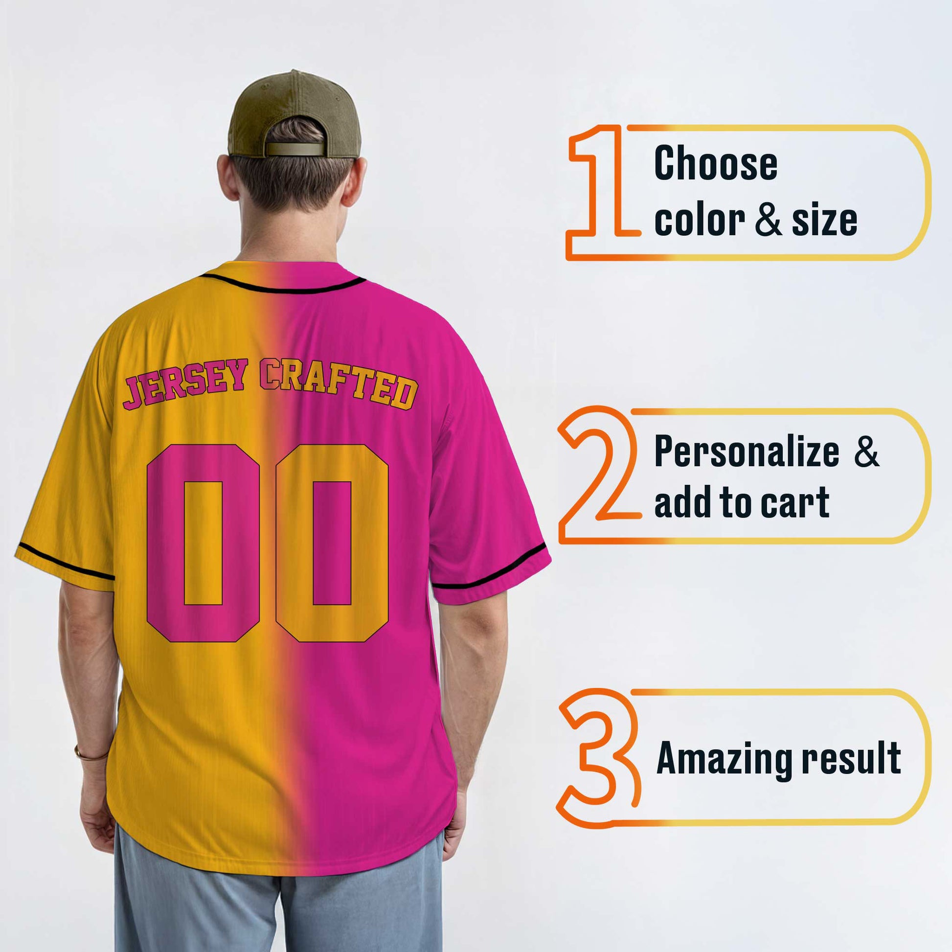 Custom Gradient Baseball Jersey Pink and Yellow With Black Piping - Design Your Own