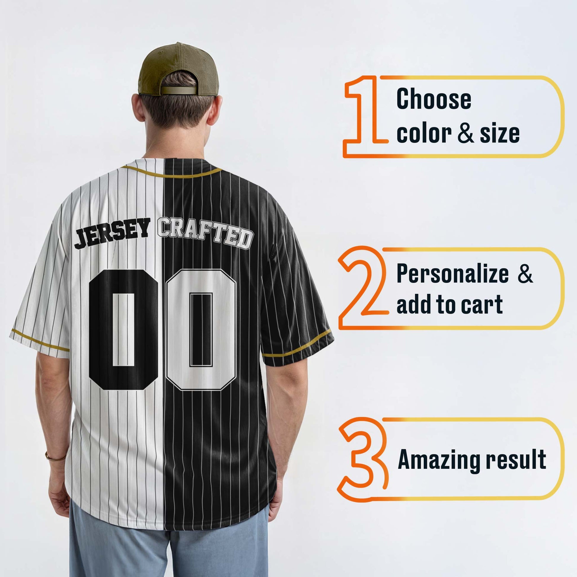 Custom Pinstripe Split Baseball Jersey Black and White with Gold Piping - Design Your Own