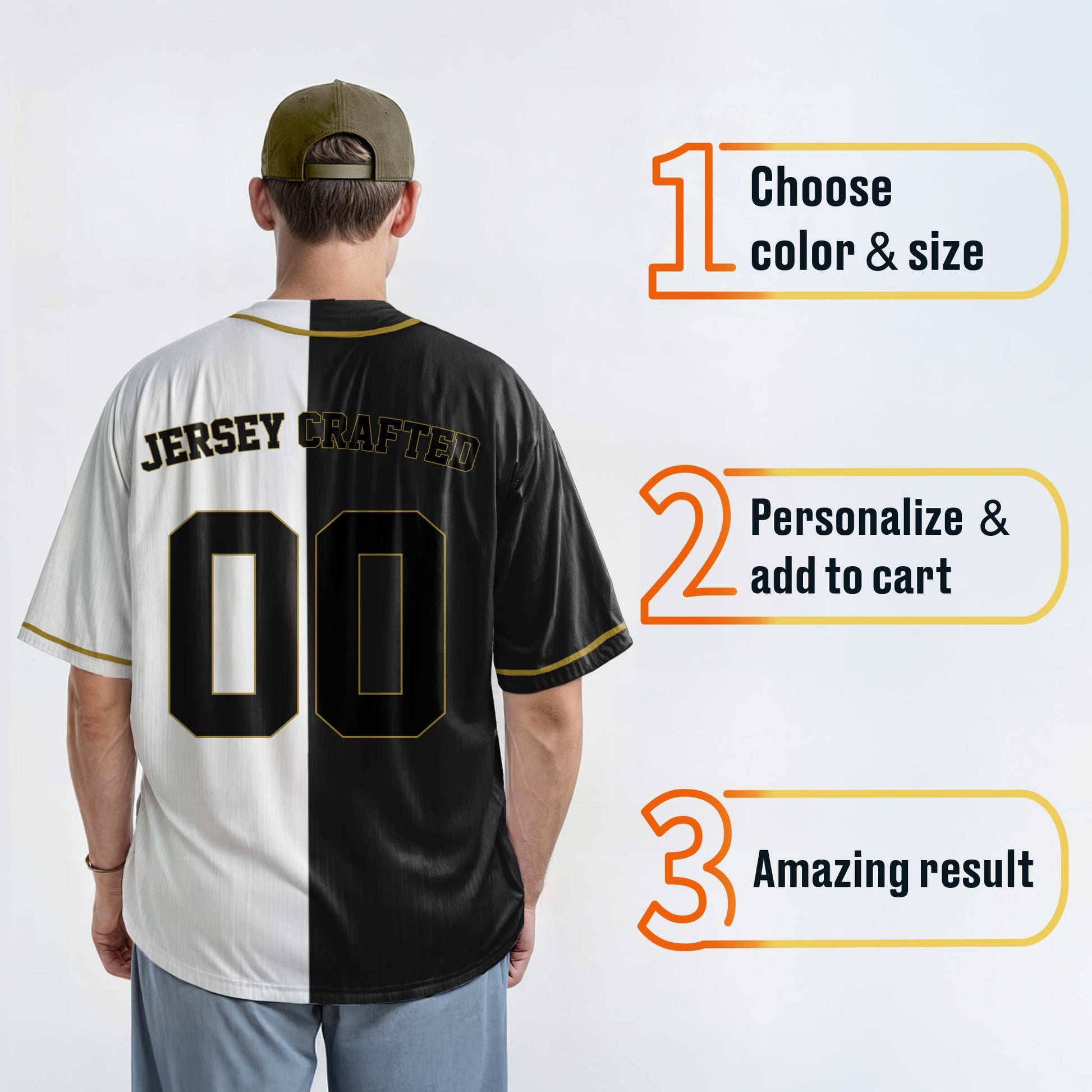 Custom Split Baseball Jersey Black and White with Gold Piping - Design Your Own