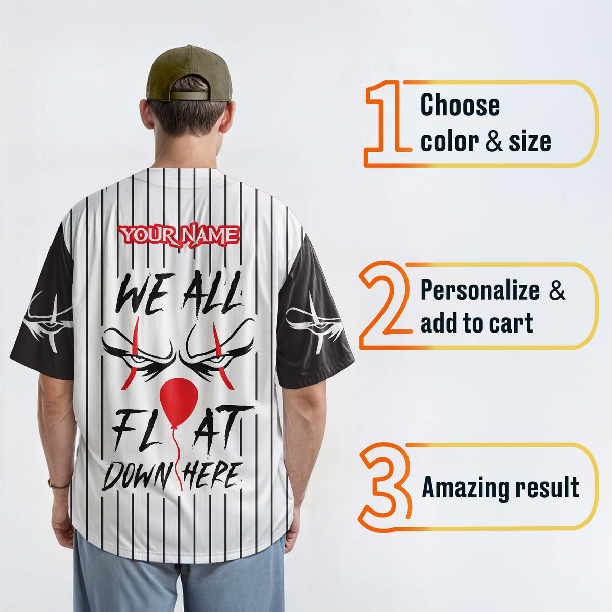 Custom Halloween Baseball Jersey - Horror Movie Design We All Float - Add Your Name