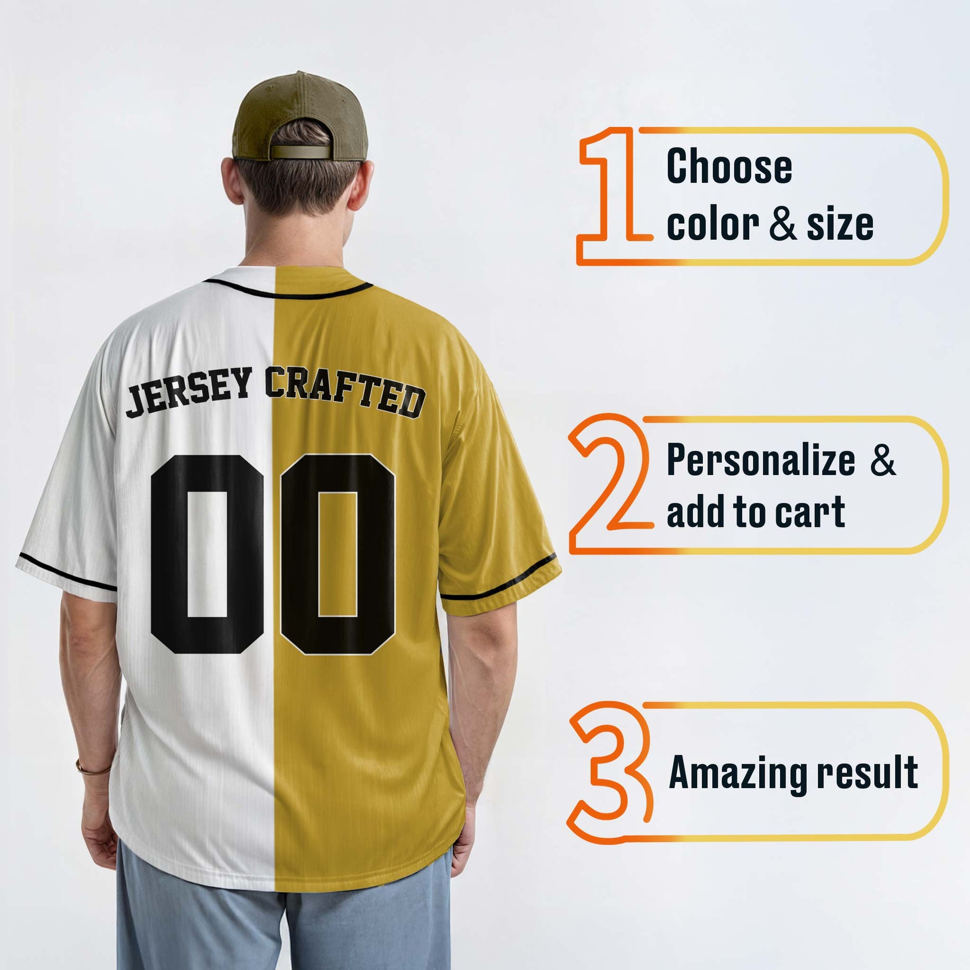 Custom Split Baseball Jersey Gold and White with Black Piping - Design Your Own