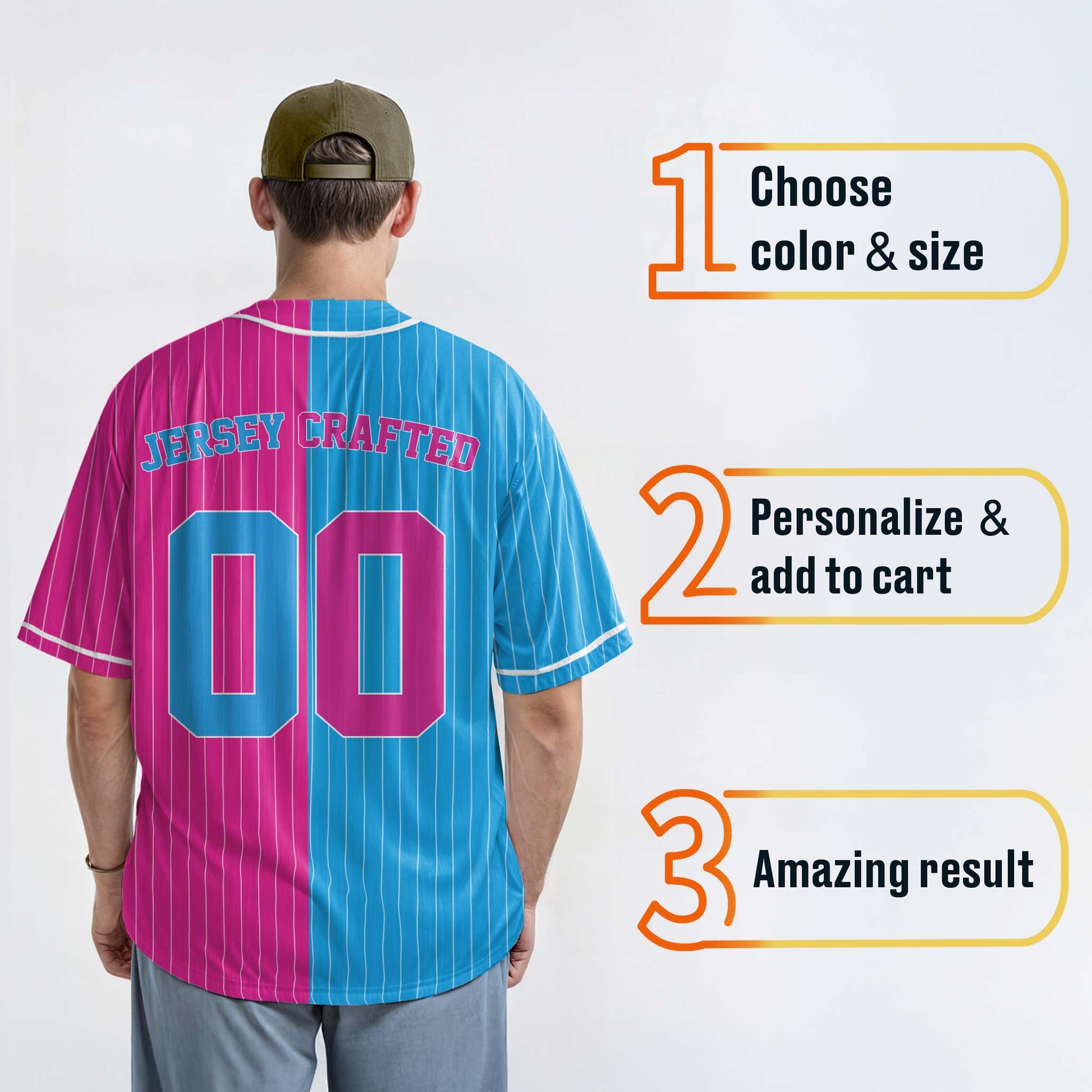 Custom Pinstripe Split Baseball Jersey Light Blue and Pink with White Piping - Design Your Own