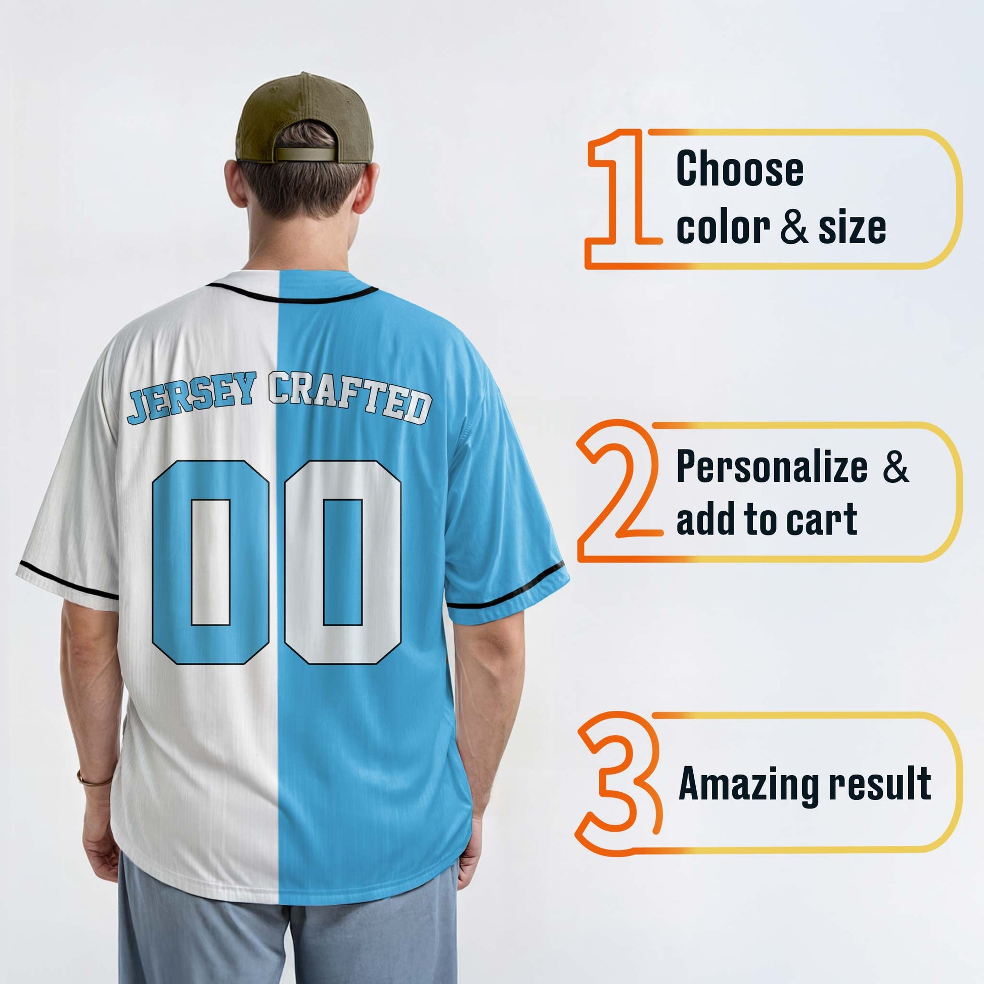 Custom Split Baseball Jersey Light Blue and White With Black Piping - Design Your Own