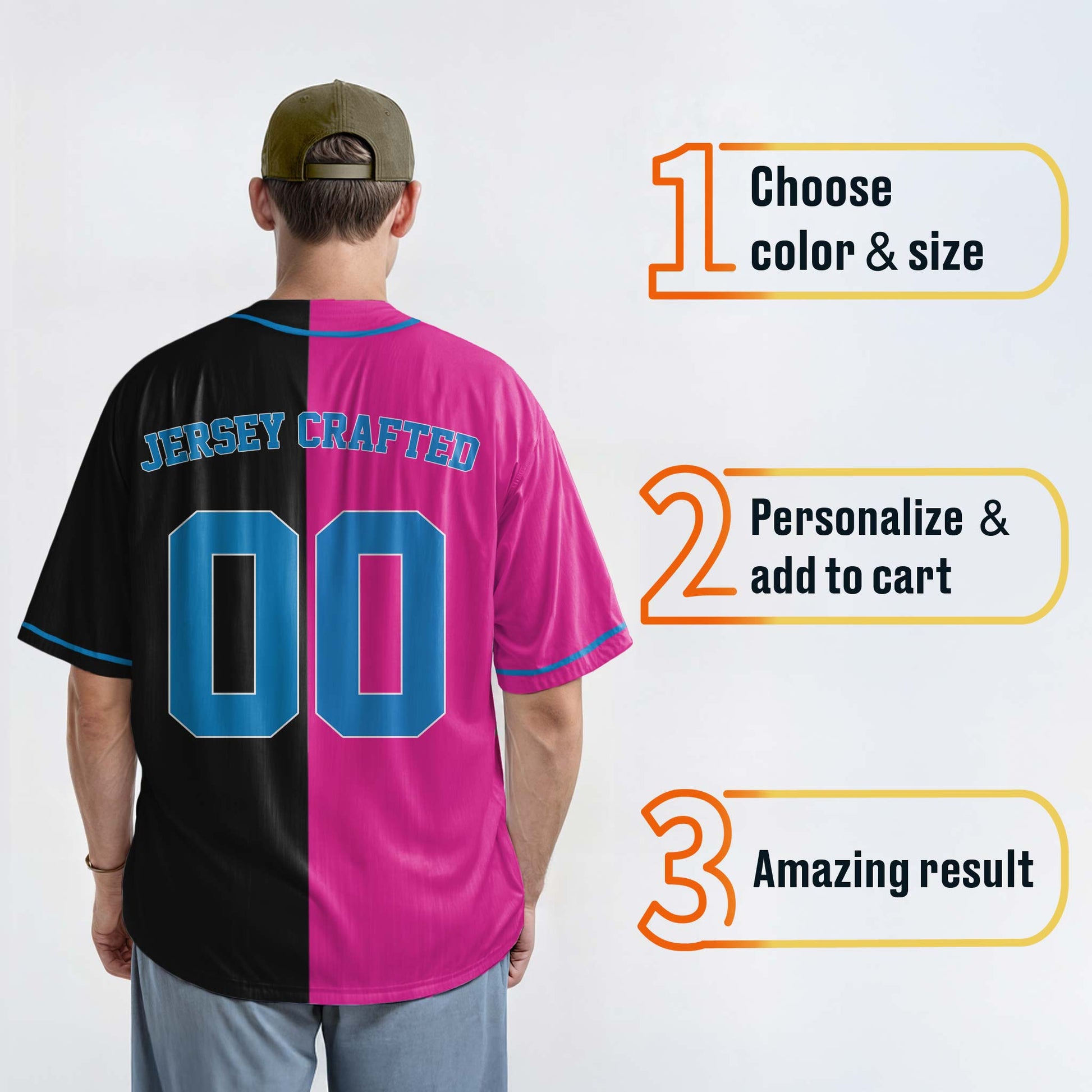 Custom Split Baseball Jersey Pink and Black With Blue Piping - Design Your Own