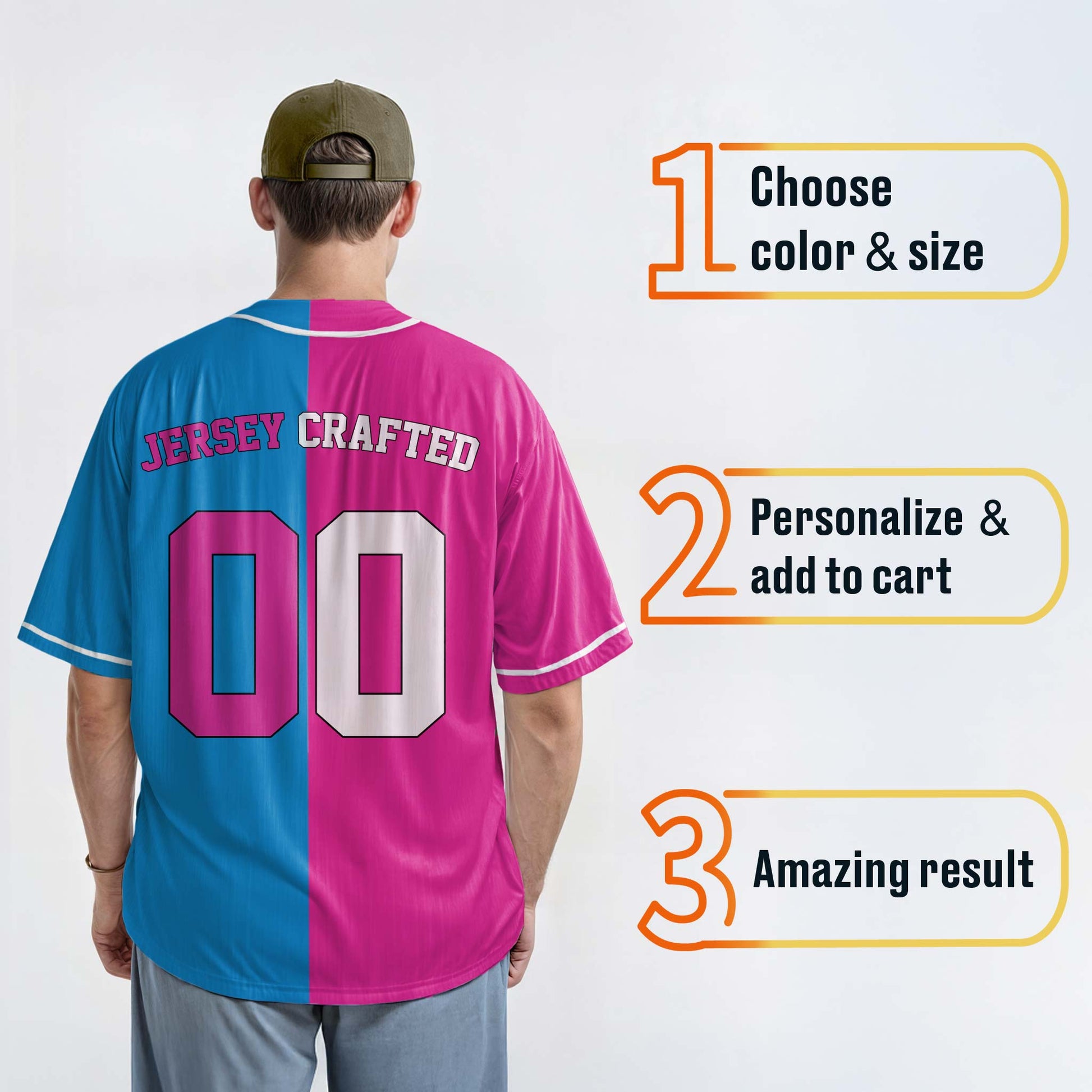 Custom Split Baseball Jersey Pink and Blue With White Piping - Design Your Own