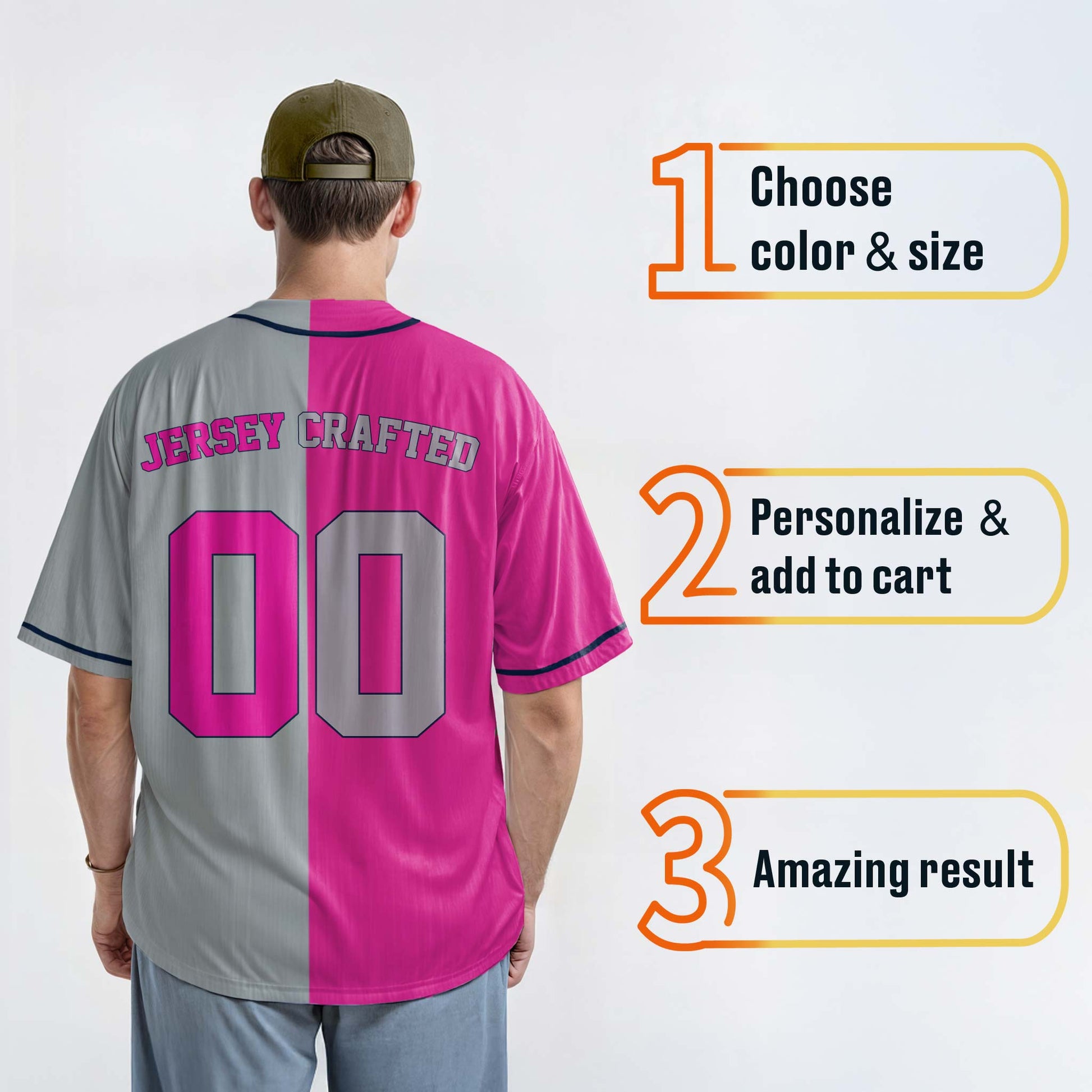 Custom Split Baseball Jersey Pink and Silver With Navy Piping - Design Your Own