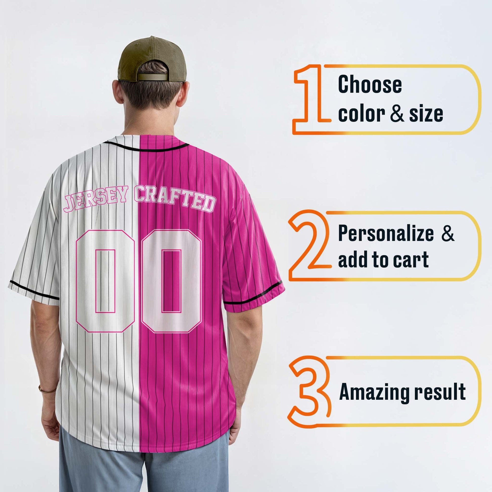 Custom Pinstripe Split Baseball Jersey Pink and White with Black Piping - Design Your Own