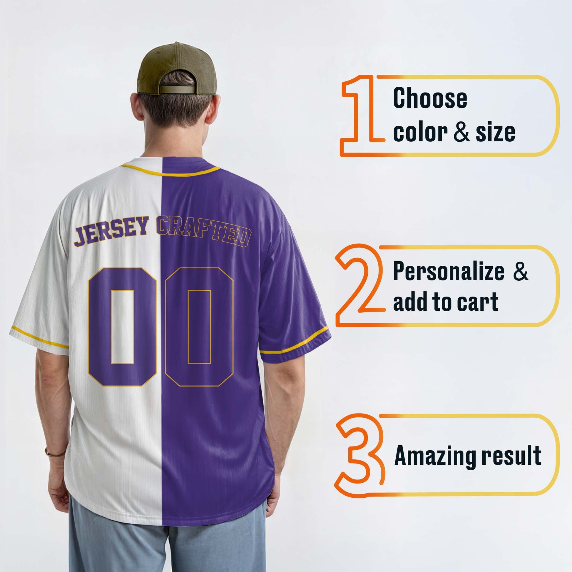 Custom Split Baseball Jersey Purple and White with Yellow Piping - Design Your Own