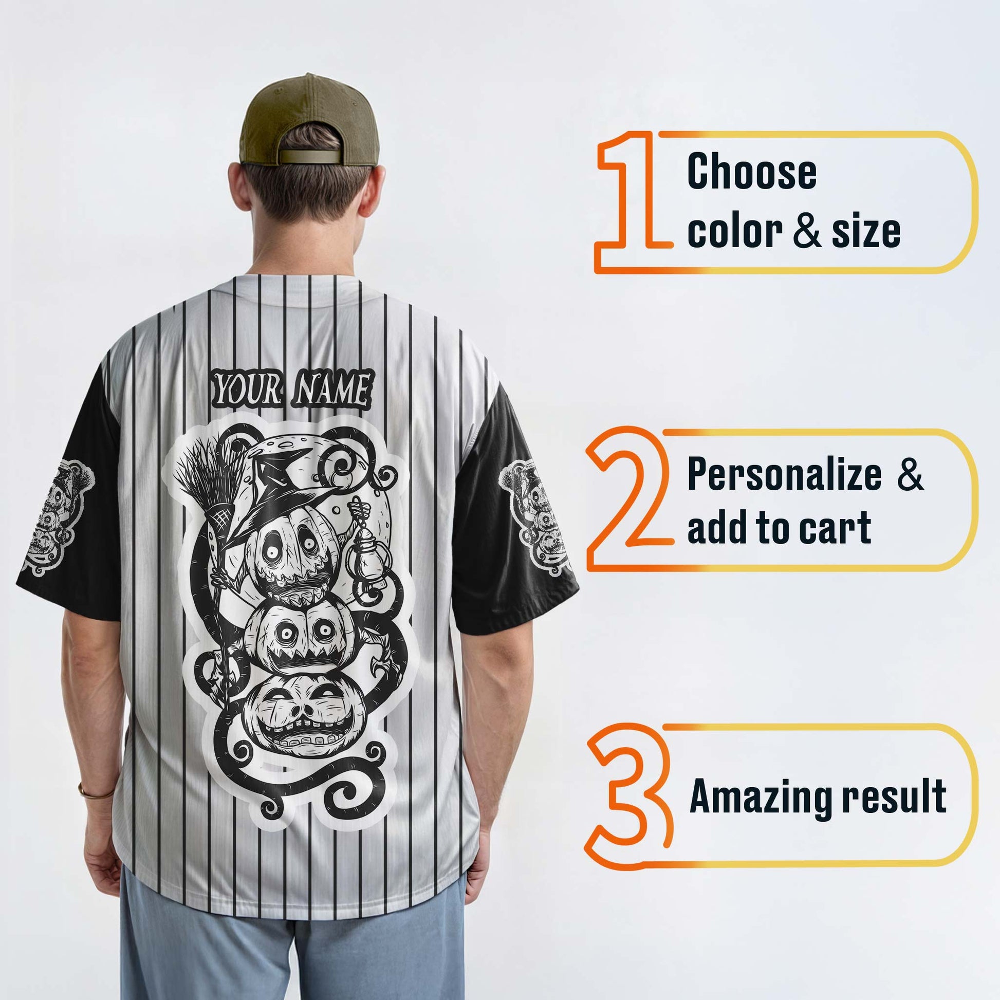 Custom Halloween Baseball Jersey - Horror Movie Design Three Pumpkins - Add Your Name