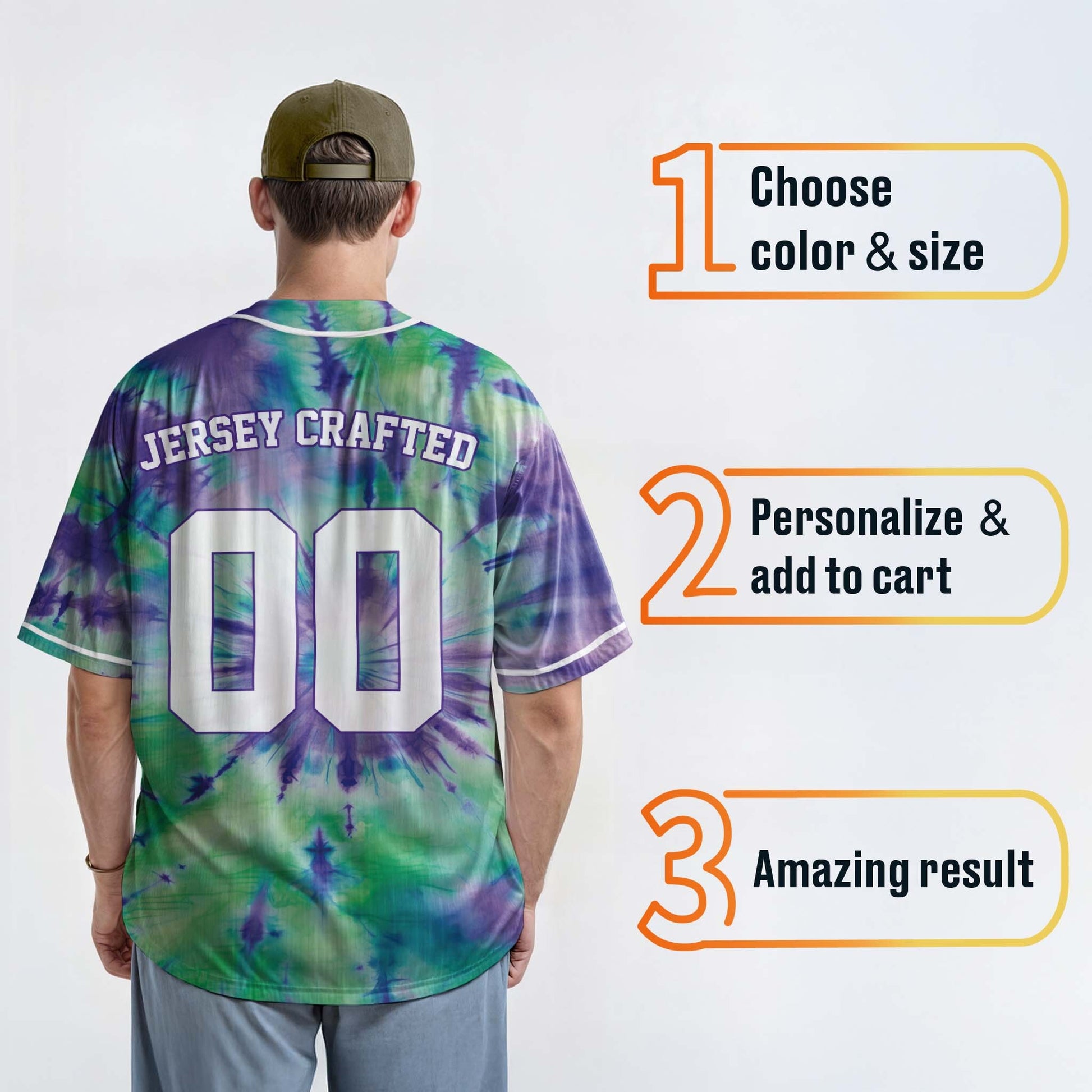 Custom Tie Dye Baseball Jersey Purple and Green With White Piping - Design Your Own