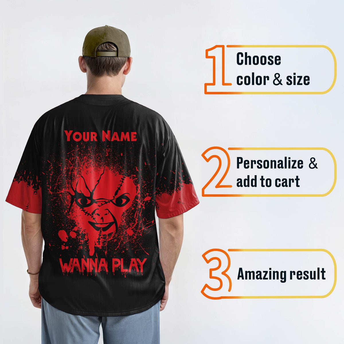 Custom Halloween Baseball Jersey - Horror Movie Design Wanna Play - Add Your Name
