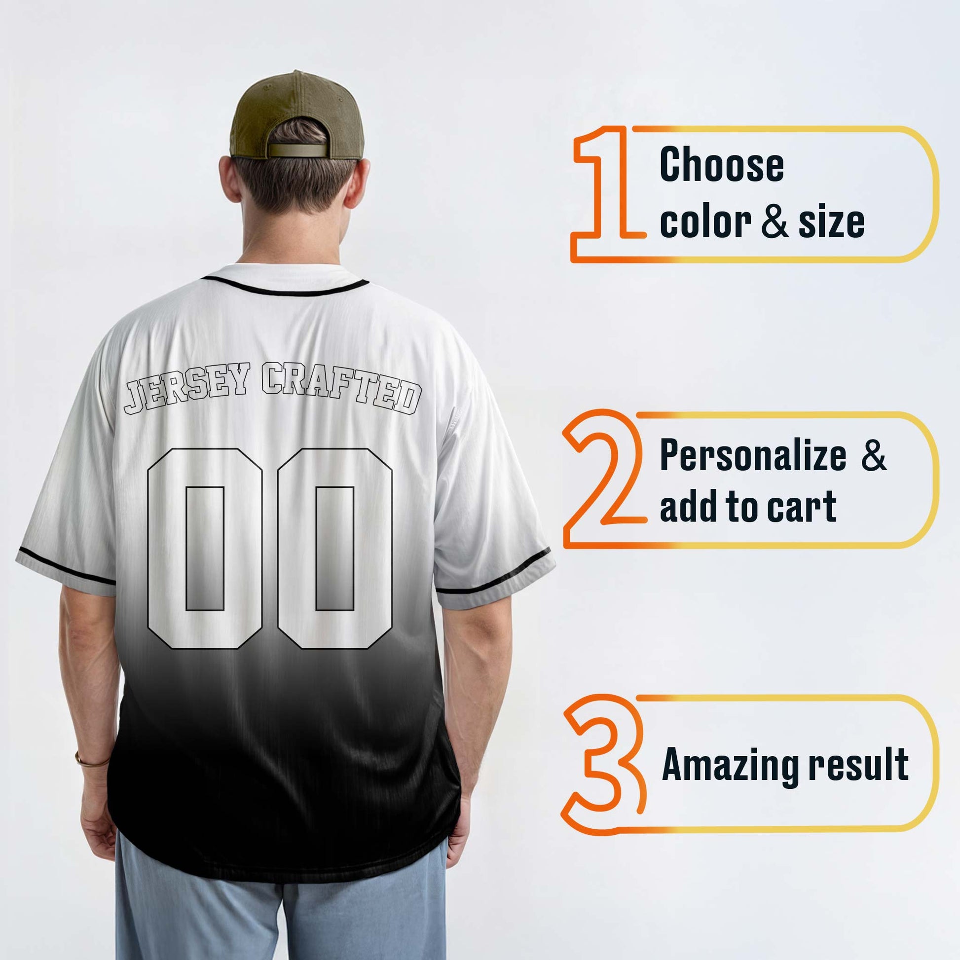 Custom Gradient Baseball Jersey White and Black With Piping - Design Your Own