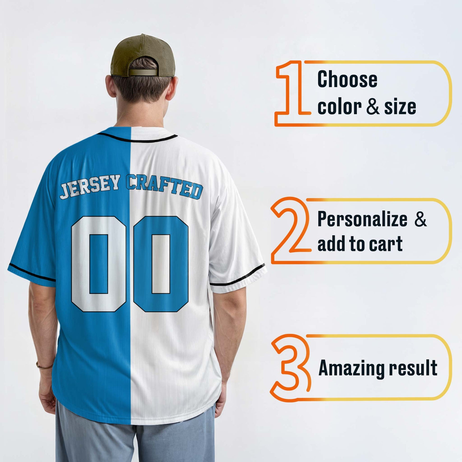 Custom Split Baseball Jersey White and Blue with Black Piping - Design Your Own