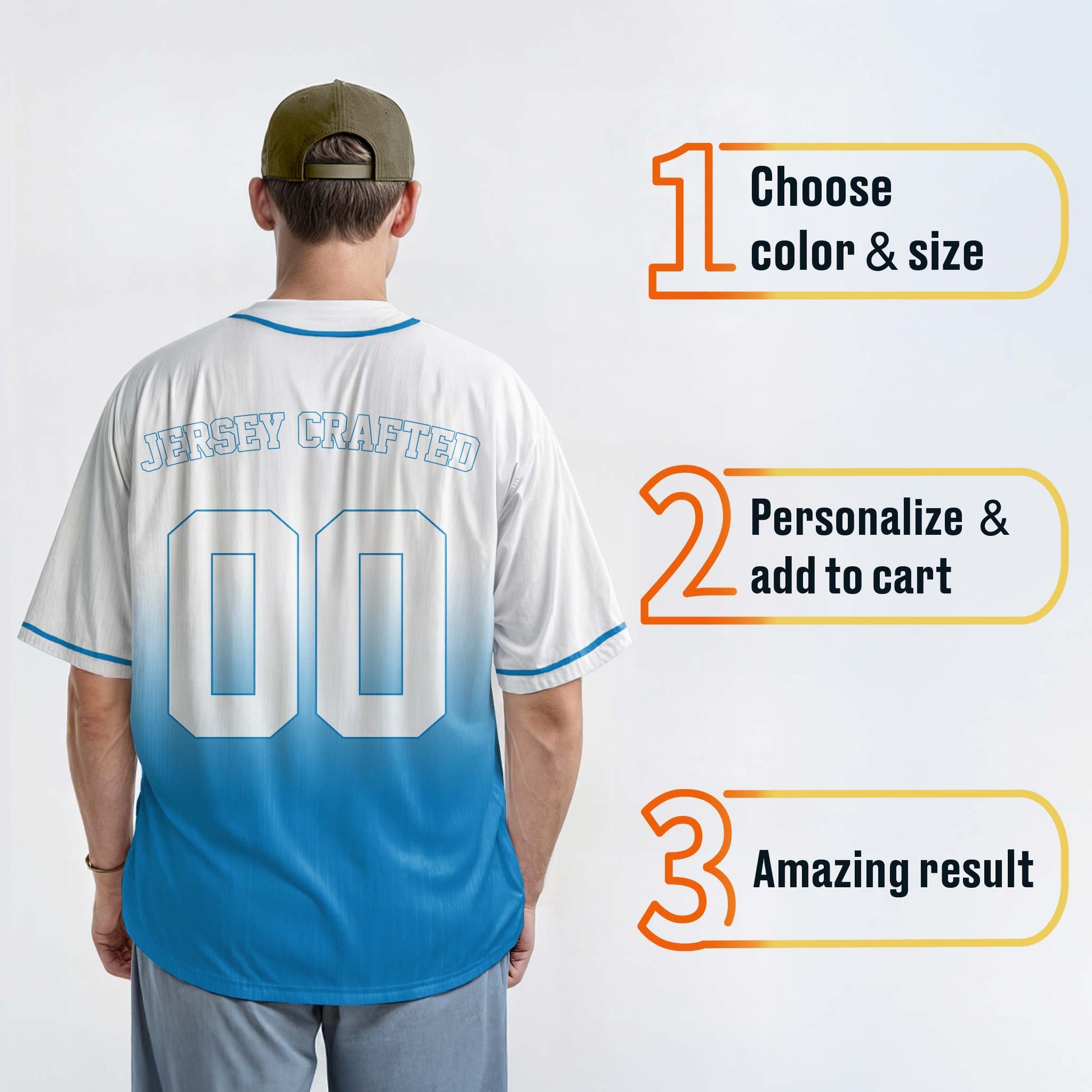 Custom Gradient Baseball Jersey White and Light Blue With Piping - Design Your Own
