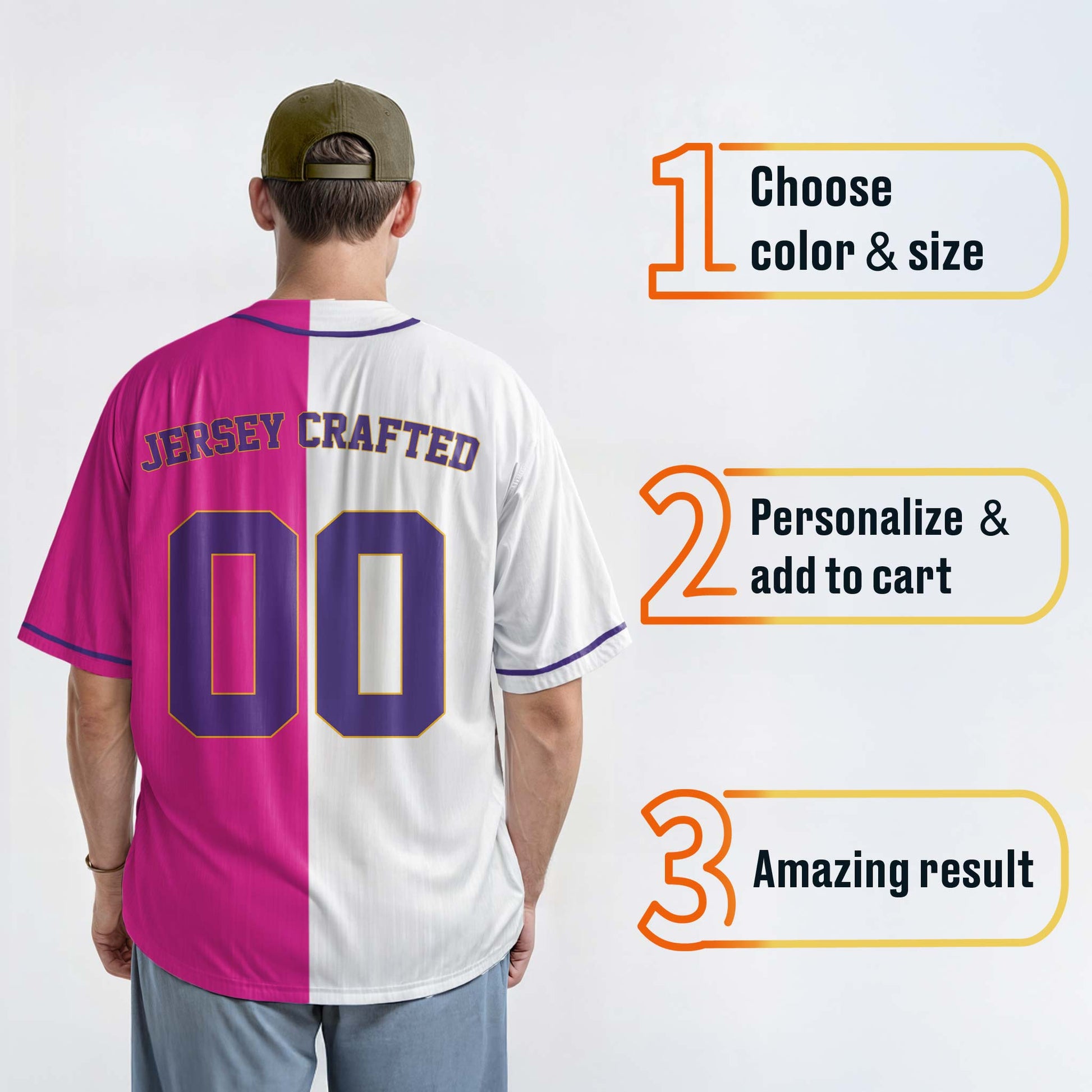 Custom Split Baseball Jersey White and Pink with Purple Piping - Design Your Own