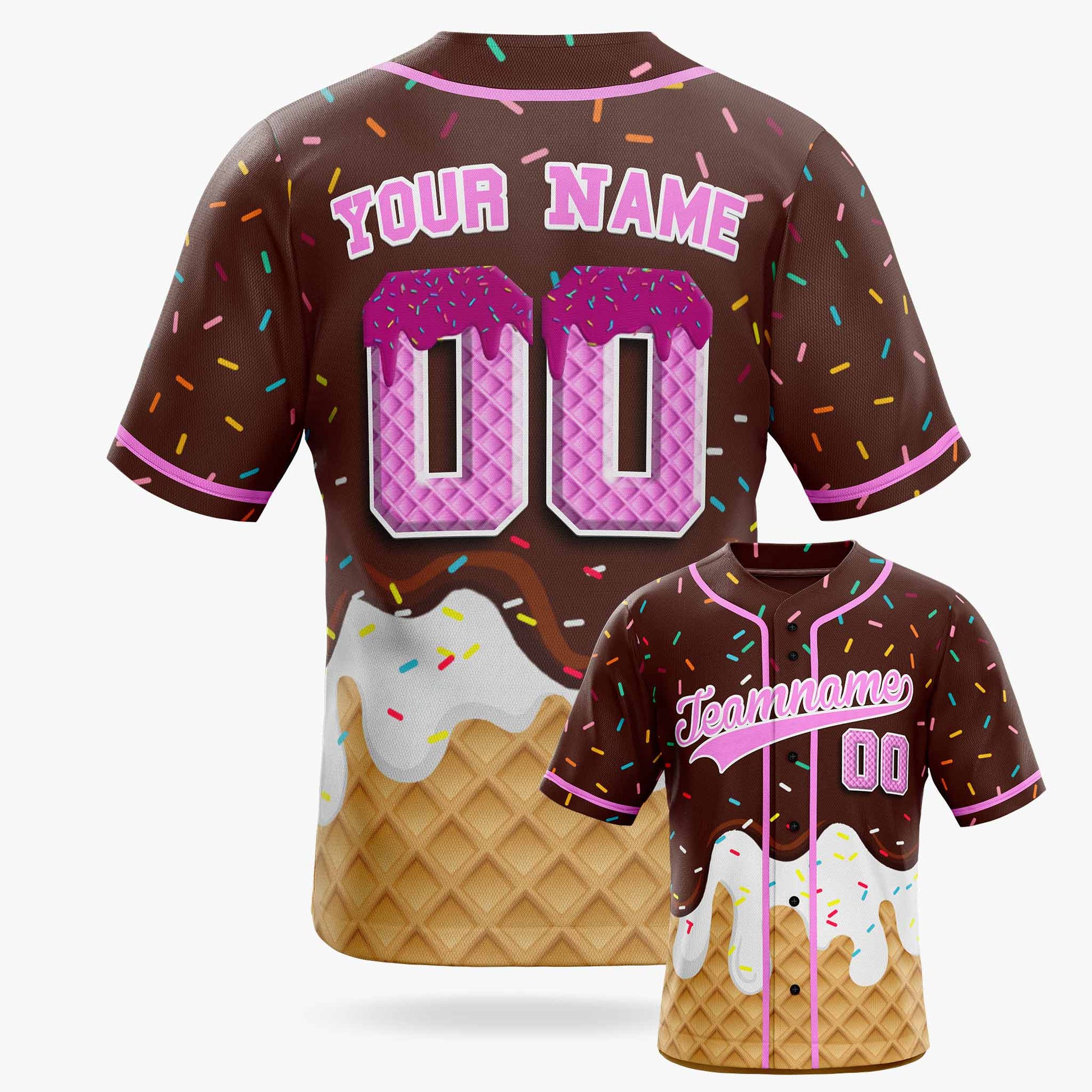 Custom Ice Cream Baseball Jersey Dark Brown and Pink with Piping - Design Your Own