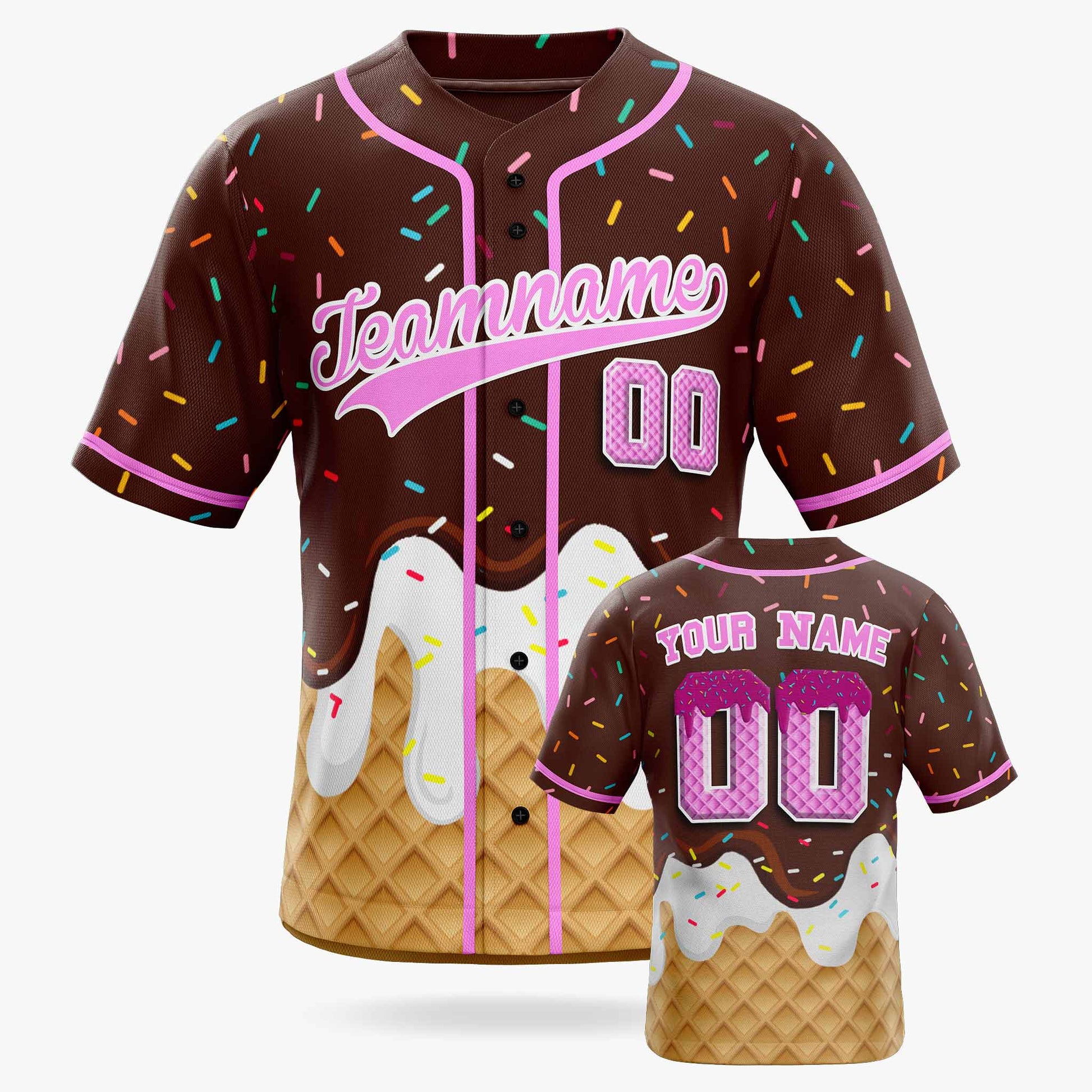 Custom Ice Cream Baseball Jersey Dark Brown and Pink with Piping - Design Your Own