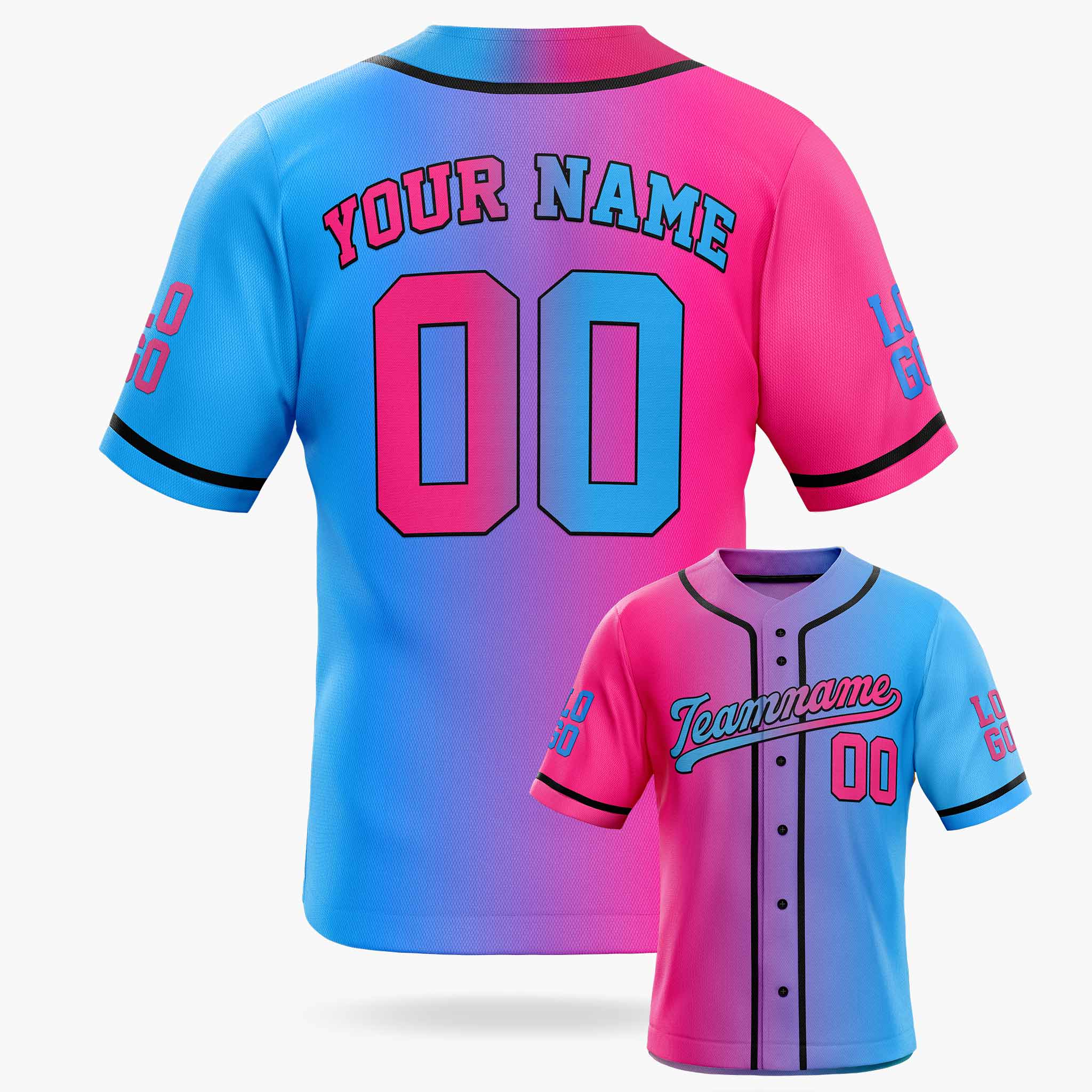Custom Gradient Baseball Jersey Pink and Blue With Black Piping - Design Your Own