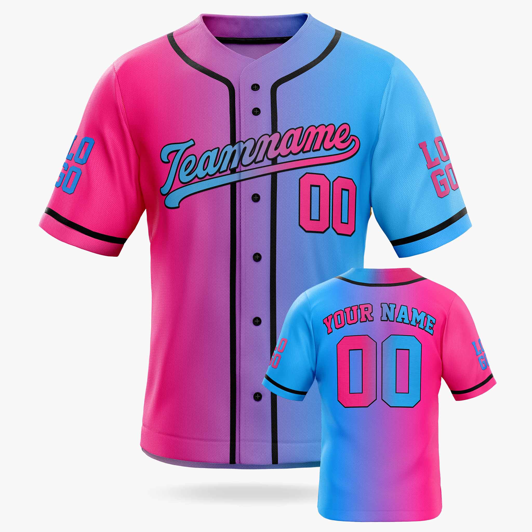 Custom Gradient Baseball Jersey Pink and Blue With Black Piping - Design Your Own