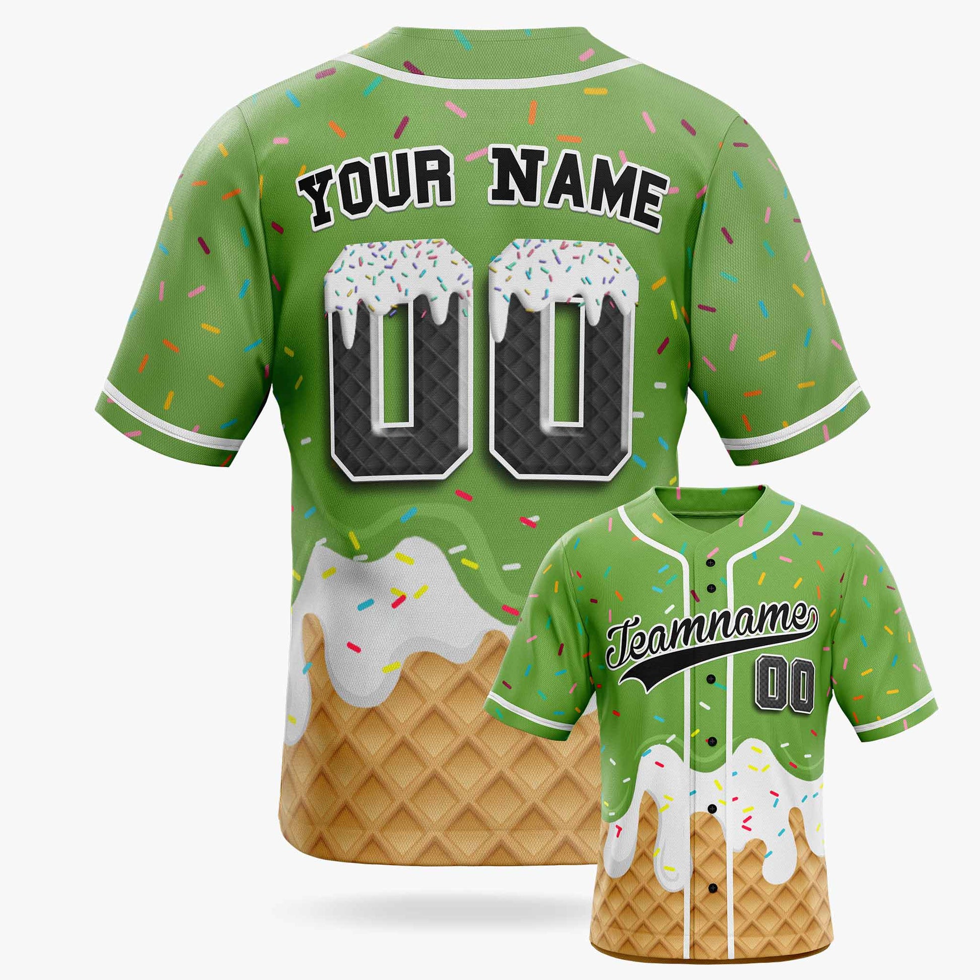 Custom Ice Cream Baseball Jersey Green and Black with White Piping - Design Your Own