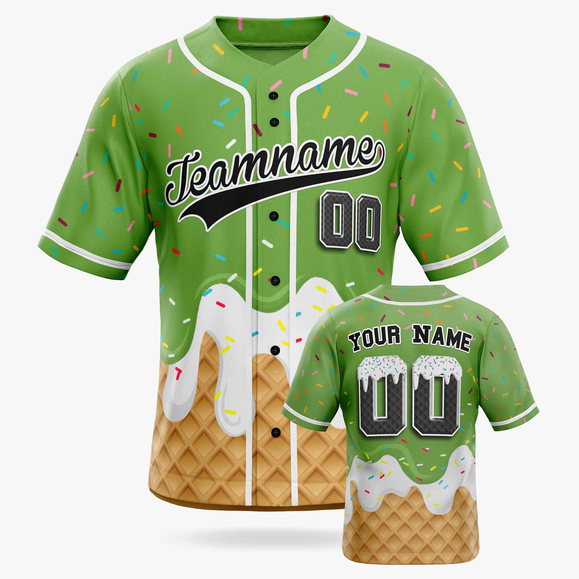Custom Ice Cream Baseball Jersey Green and Black with White Piping - Design Your Own