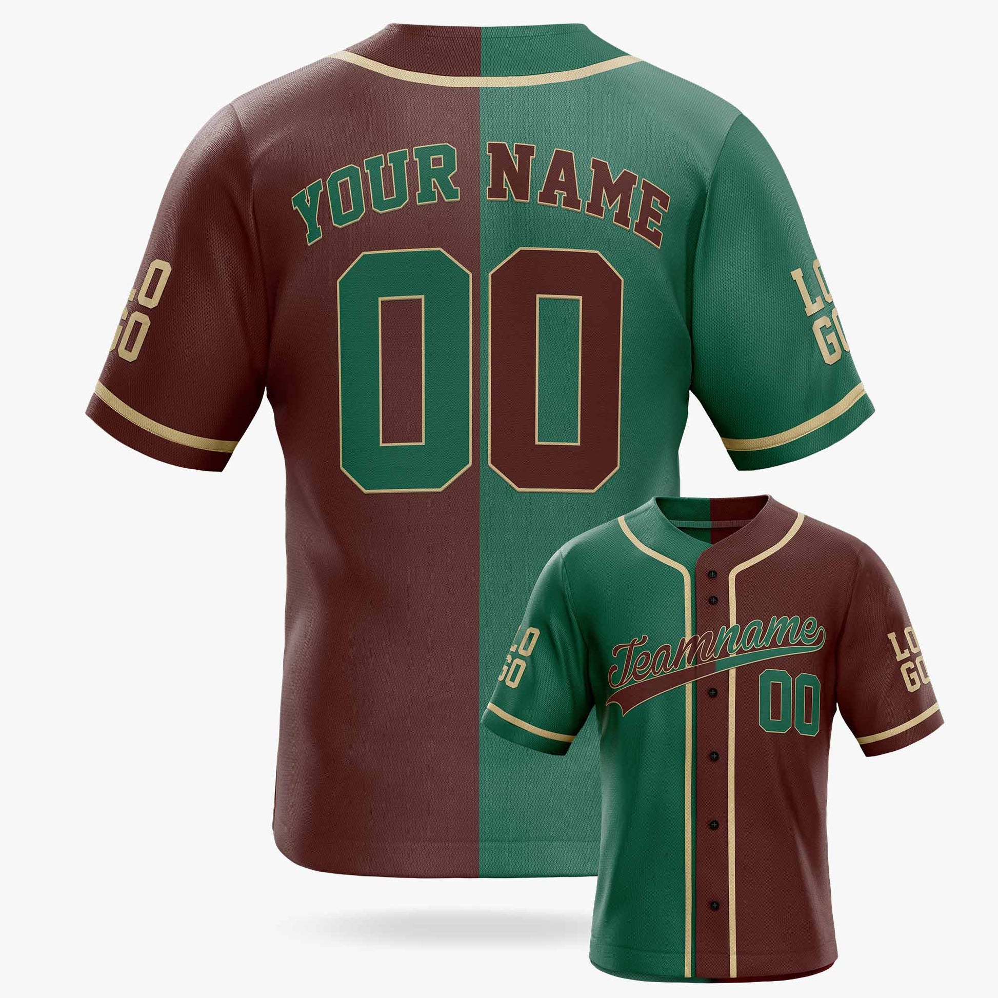 Custom Split Baseball Jersey Green and Maroon With Beige Piping - Design Your Own