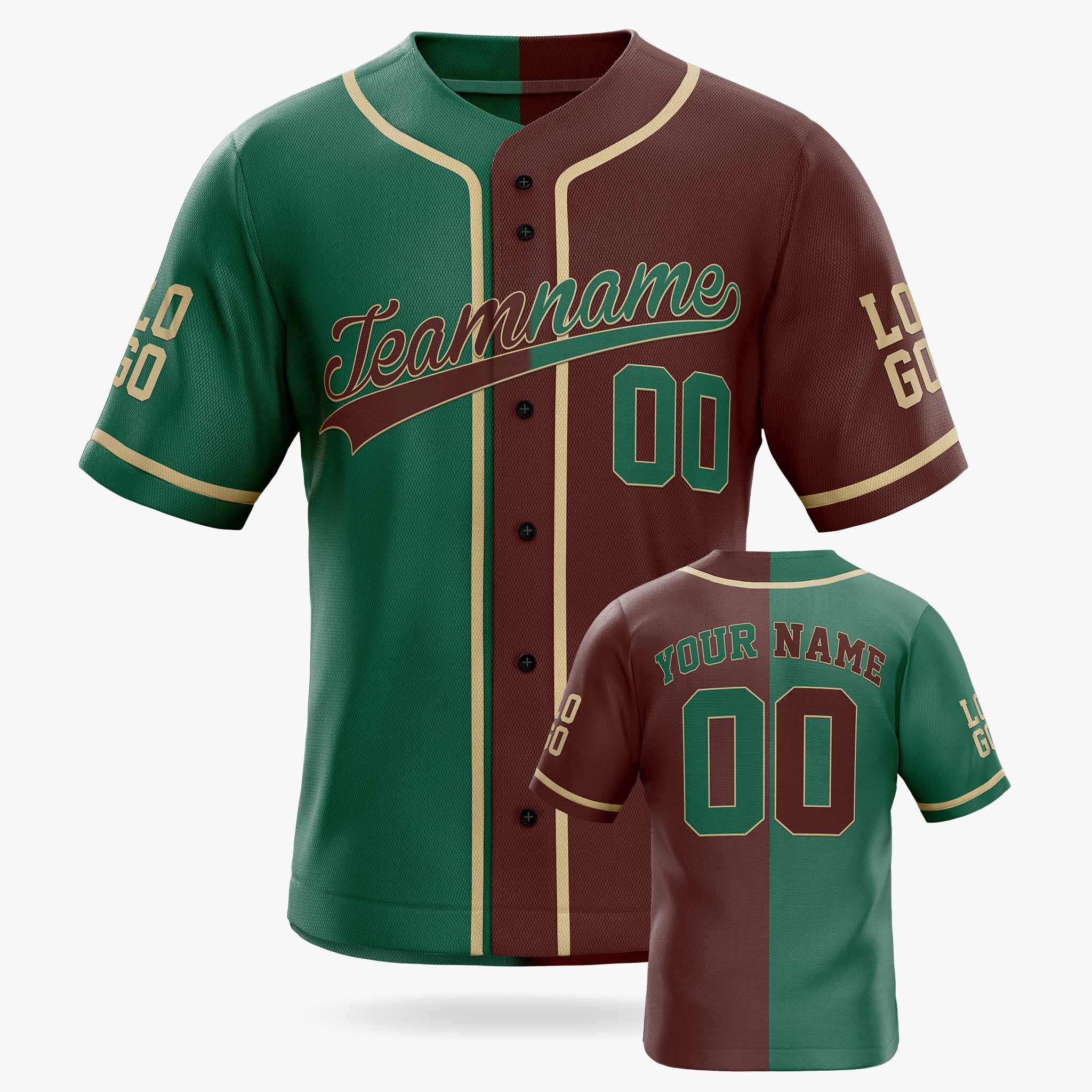 Custom Split Baseball Jersey Green and Maroon With Beige Piping - Design Your Own