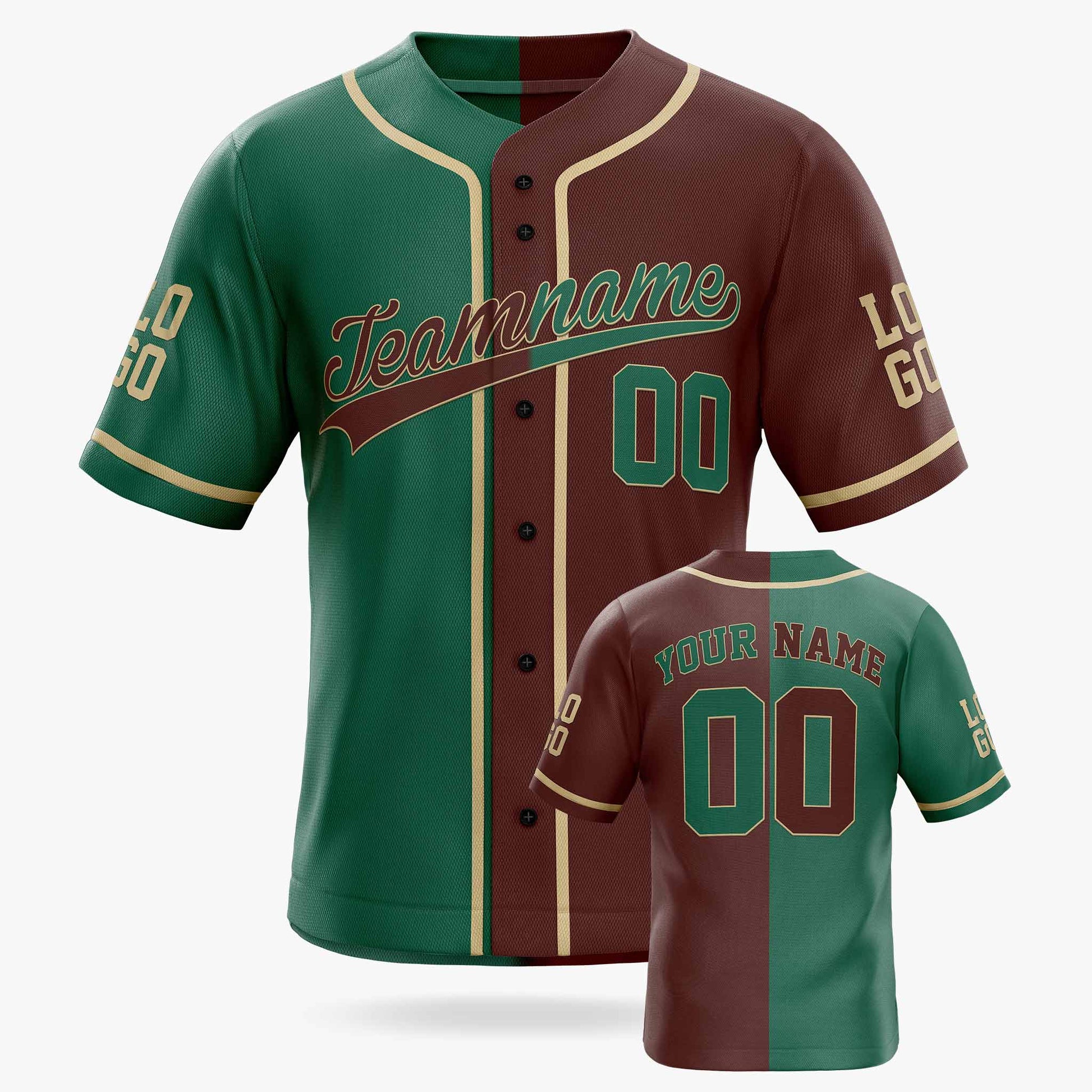 Custom Split Baseball Jersey Green and Maroon With Beige Piping - Design Your Own