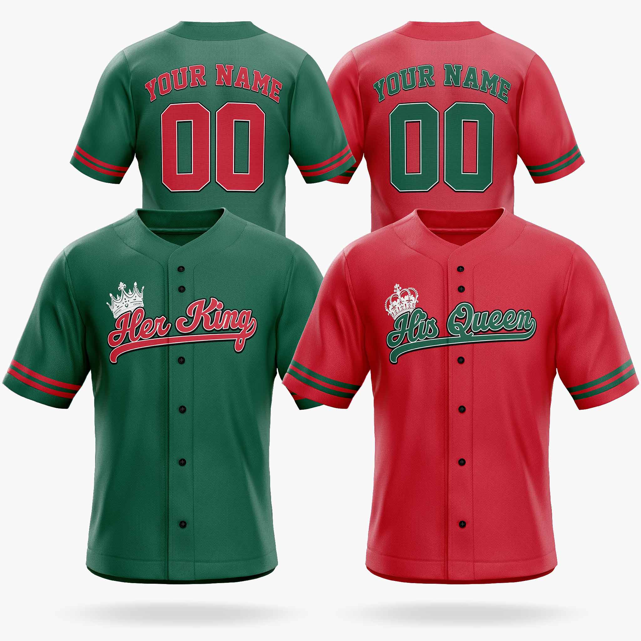Custom Matching Couple Jerseys Green and Red - Her King and His Queen - Design Your Own