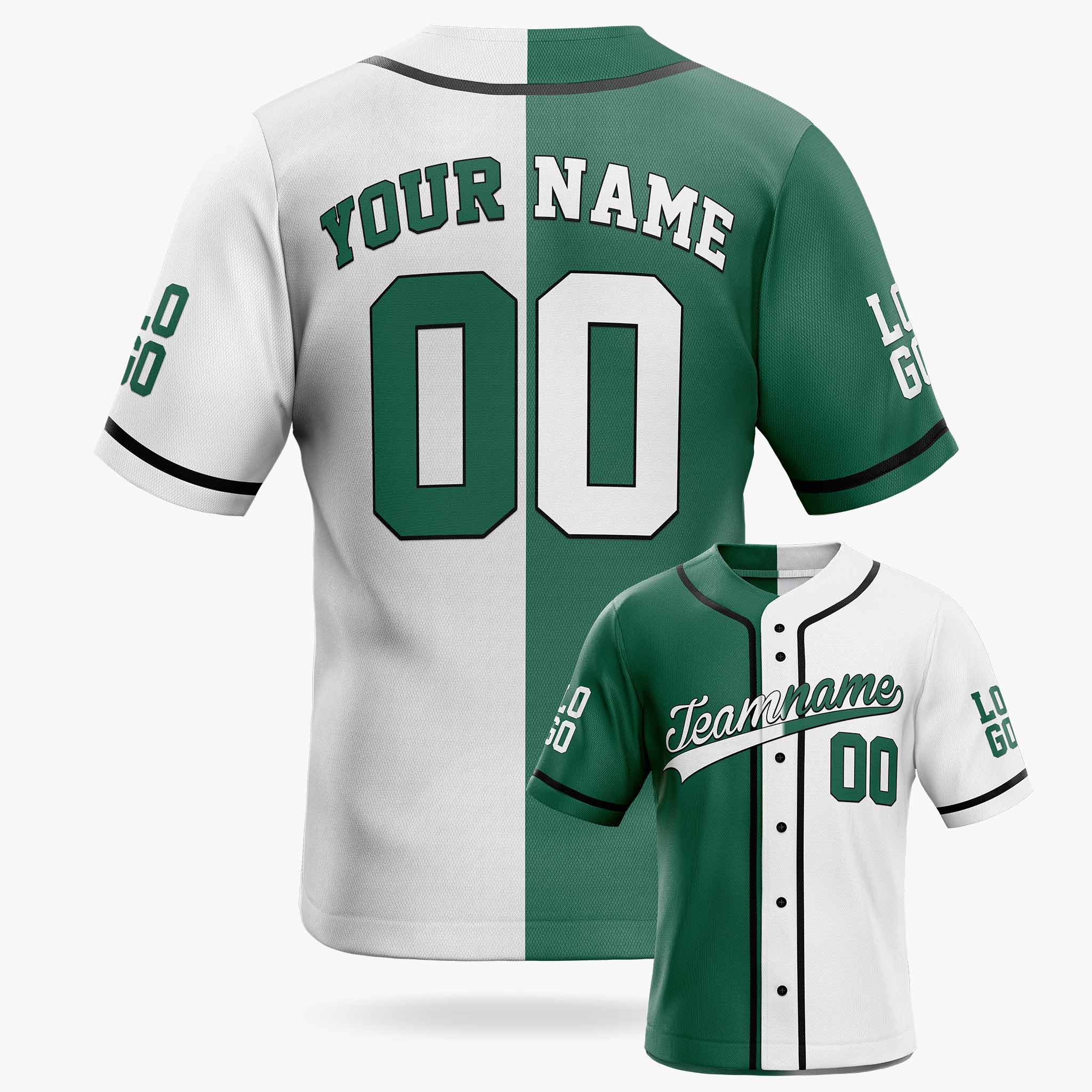 Custom Split Baseball Jersey Green and White With Black Piping - Design Your Own