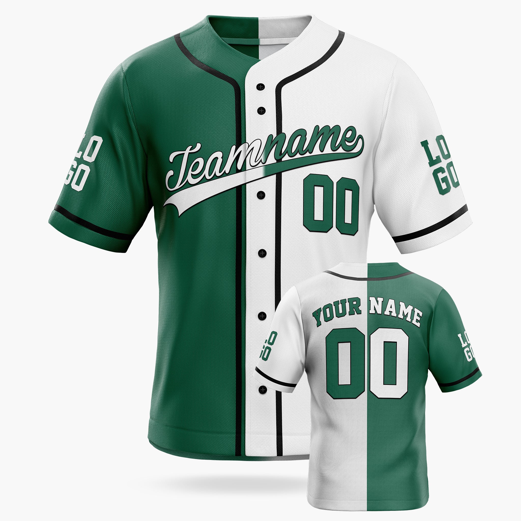 Custom Split Baseball Jersey Green and White With Black Piping - Design Your Own
