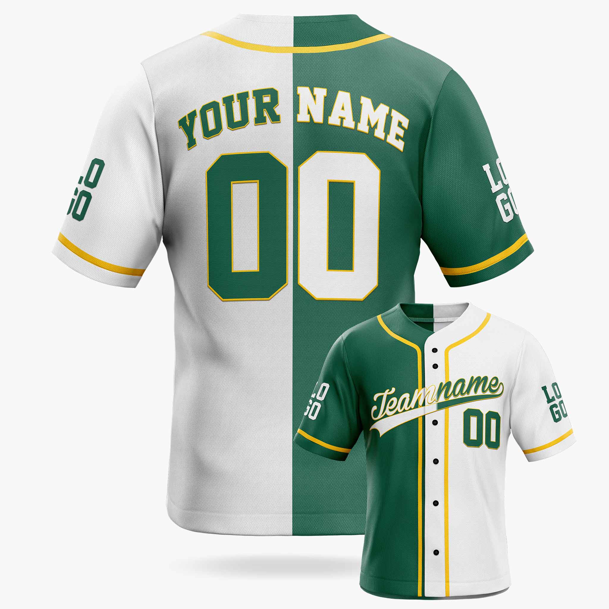 Custom Split Baseball Jersey Green and White With Yellow Piping - Design Your Own