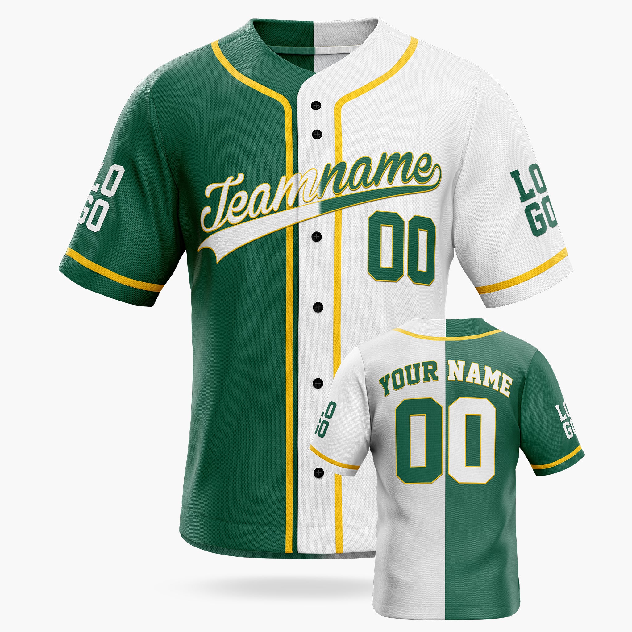 Custom Split Baseball Jersey Green and White With Yellow Piping - Design Your Own