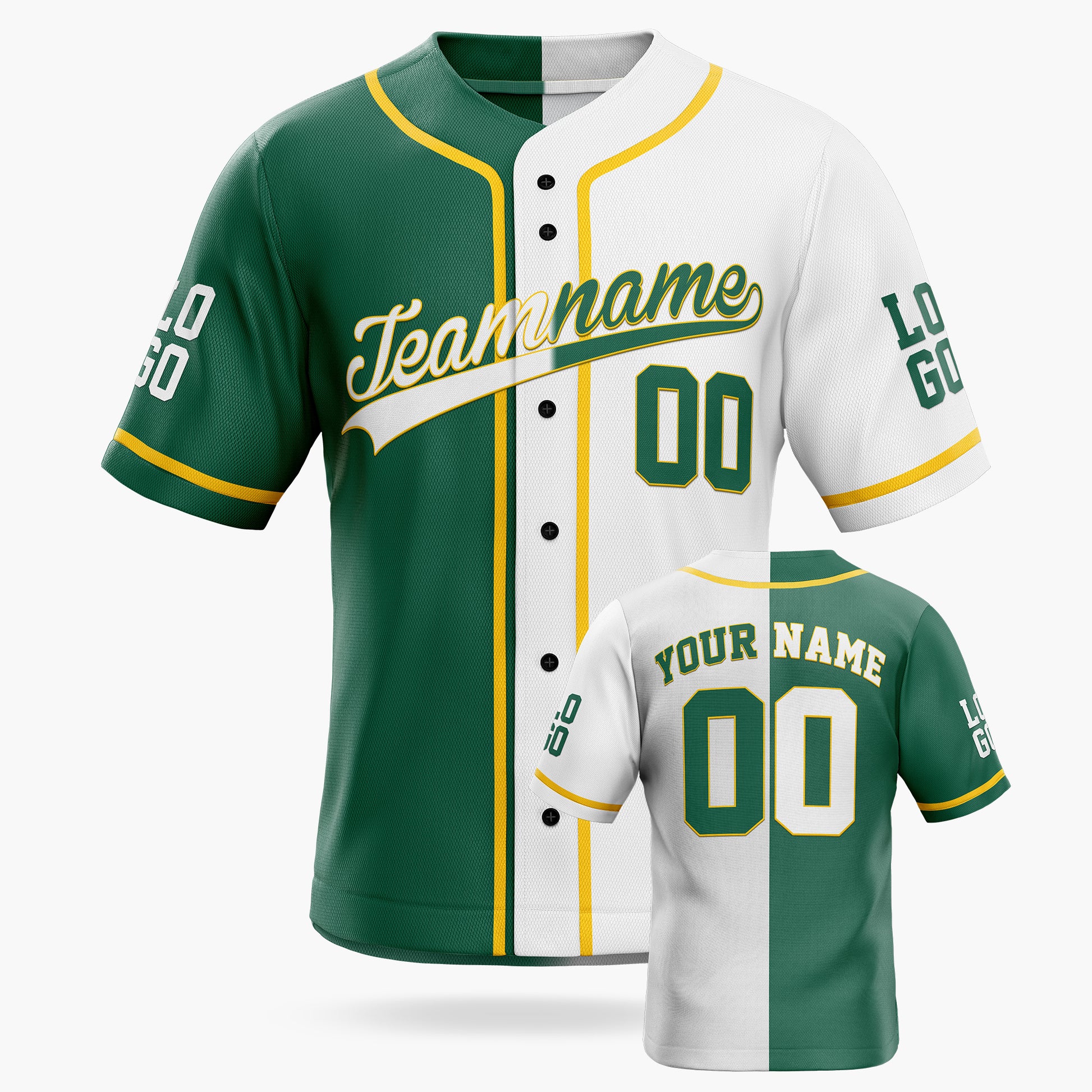 Custom Split Baseball Jersey Green and White With Yellow Piping - Design Your Own