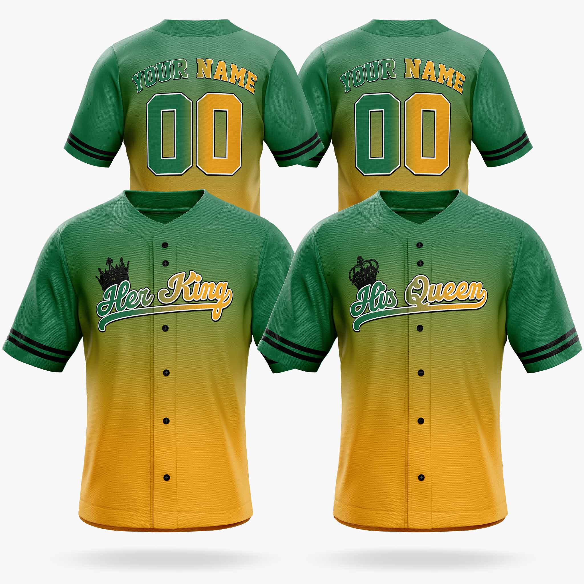 Custom Matching Couple Jerseys Gradient Green and Yellow - Her King and His Queen - Design Your Own