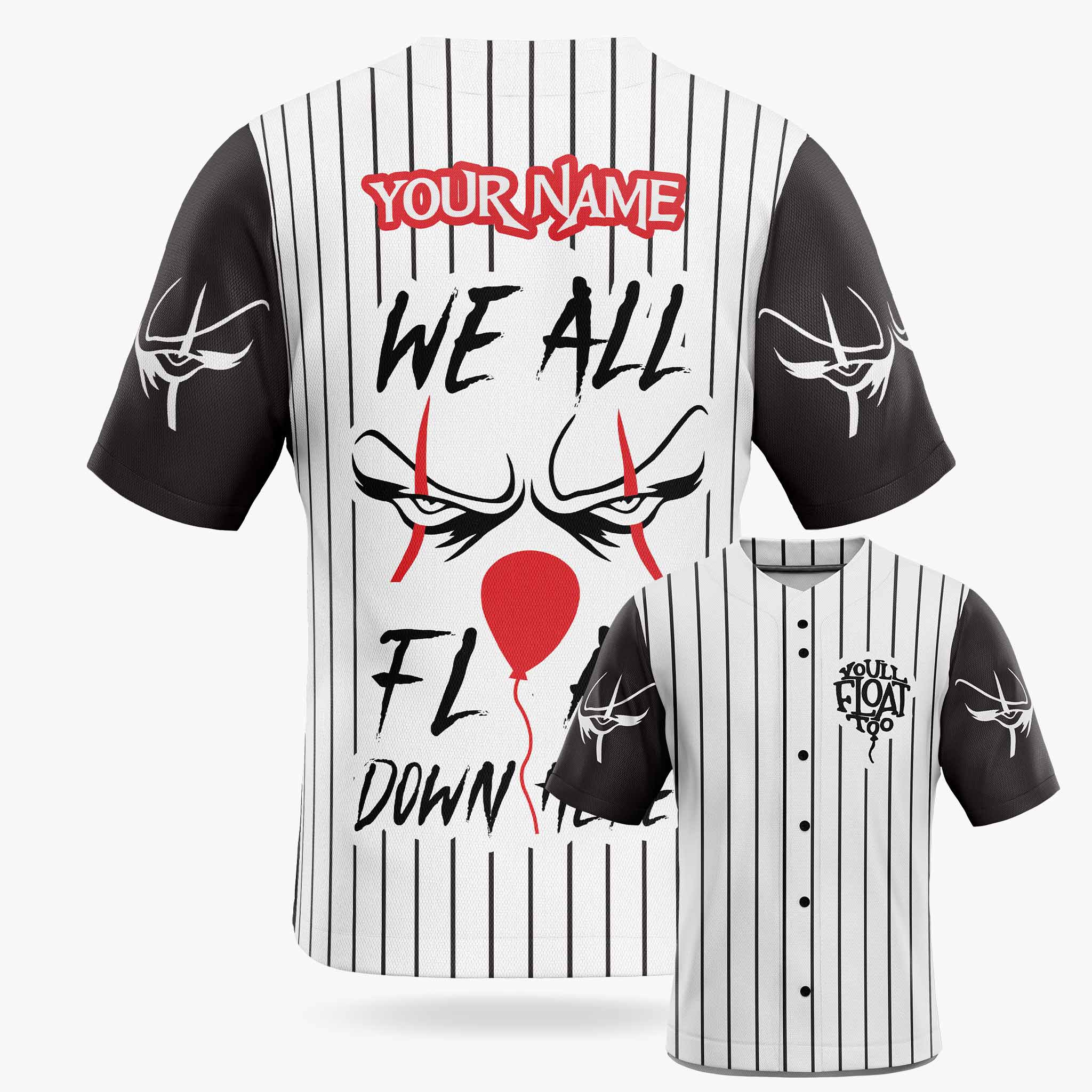 Custom Halloween Baseball Jersey - Horror Movie Design We All Float - Add Your Name