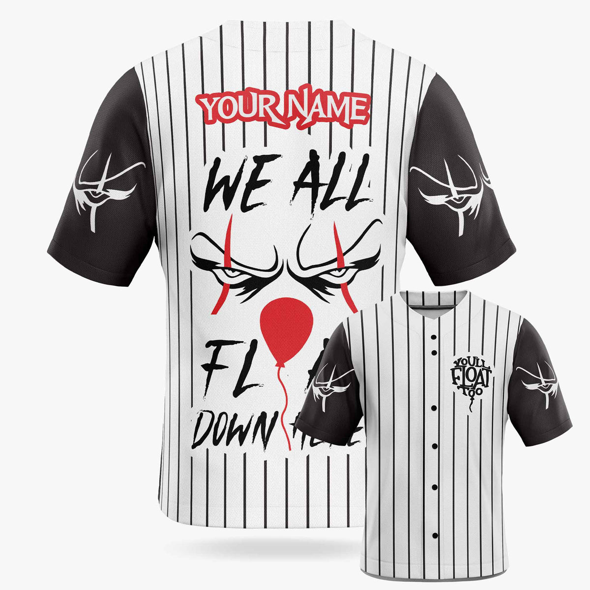 Custom Halloween Baseball Jersey - Horror Movie Design We All Float - Add Your Name