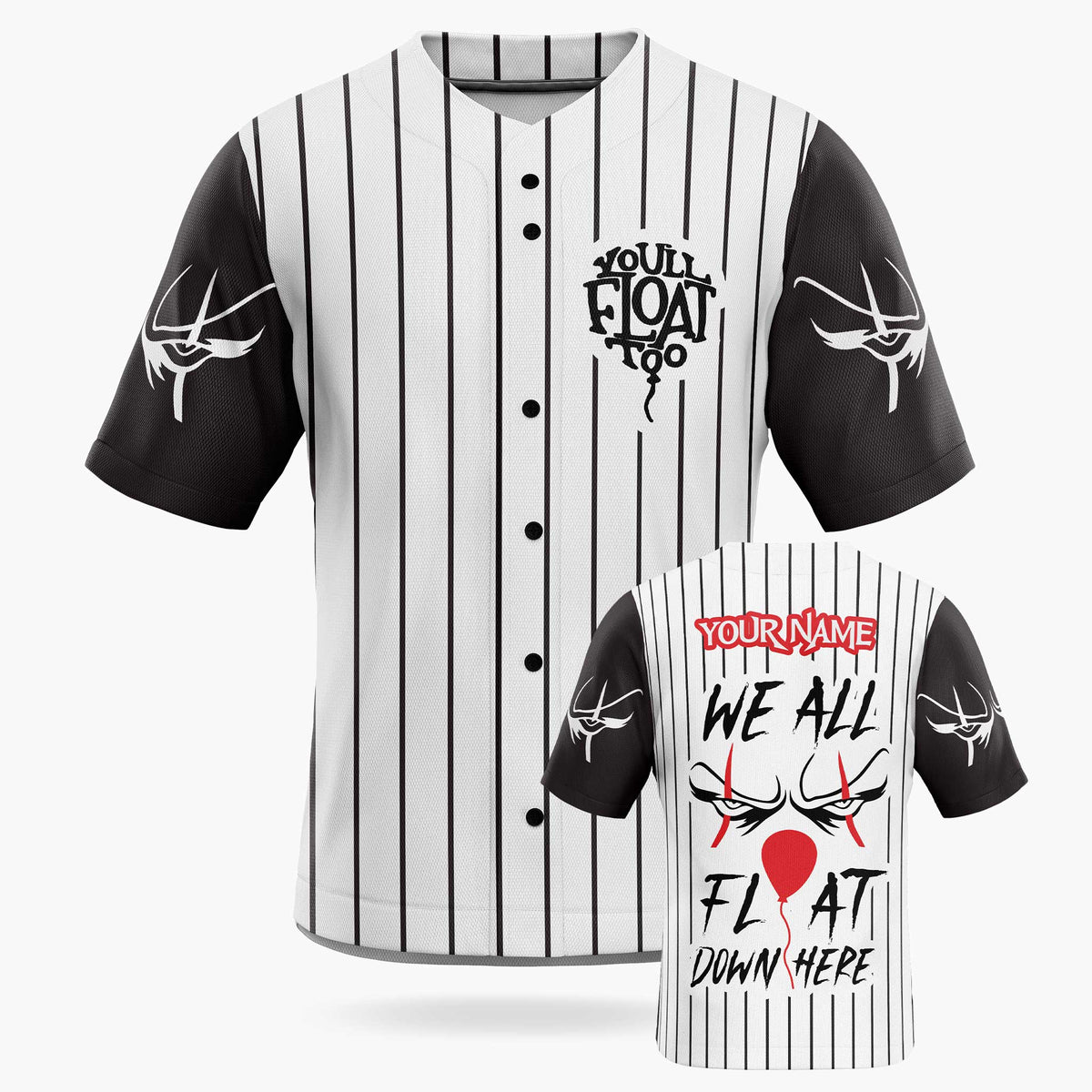 Custom Halloween Baseball Jersey - Horror Movie Design We All Float - Add Your Name