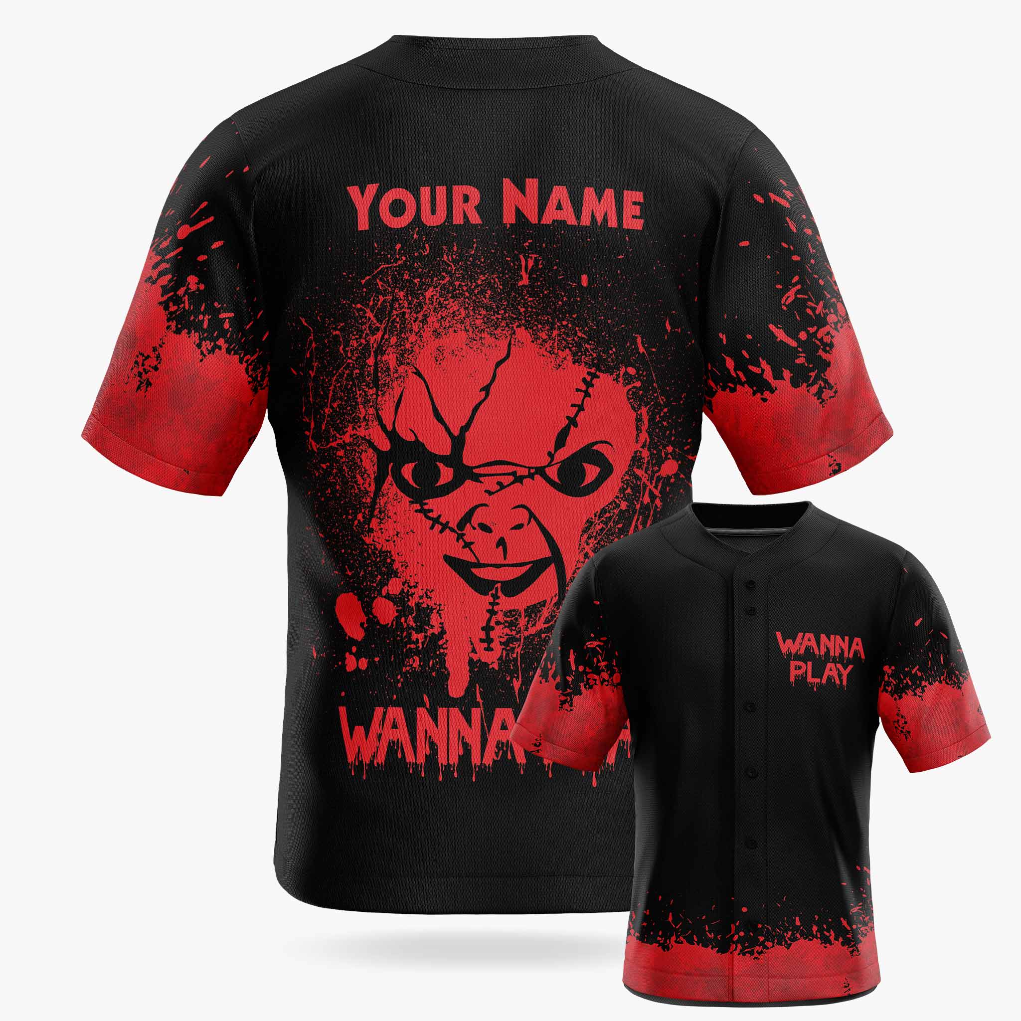 Custom Halloween Baseball Jersey - Horror Movie Design Wanna Play - Add Your Name
