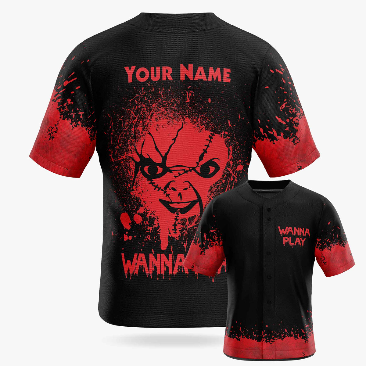 Custom Halloween Baseball Jersey - Horror Movie Design Wanna Play - Add Your Name